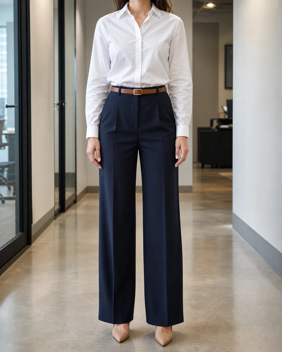 A woman standing straight-on in an office corridor wearing a white button-down shirt fully tucked into navy high-waisted wide-leg trousers with a cognac belt and nude pointed-toe pumps, head cropped out of frame