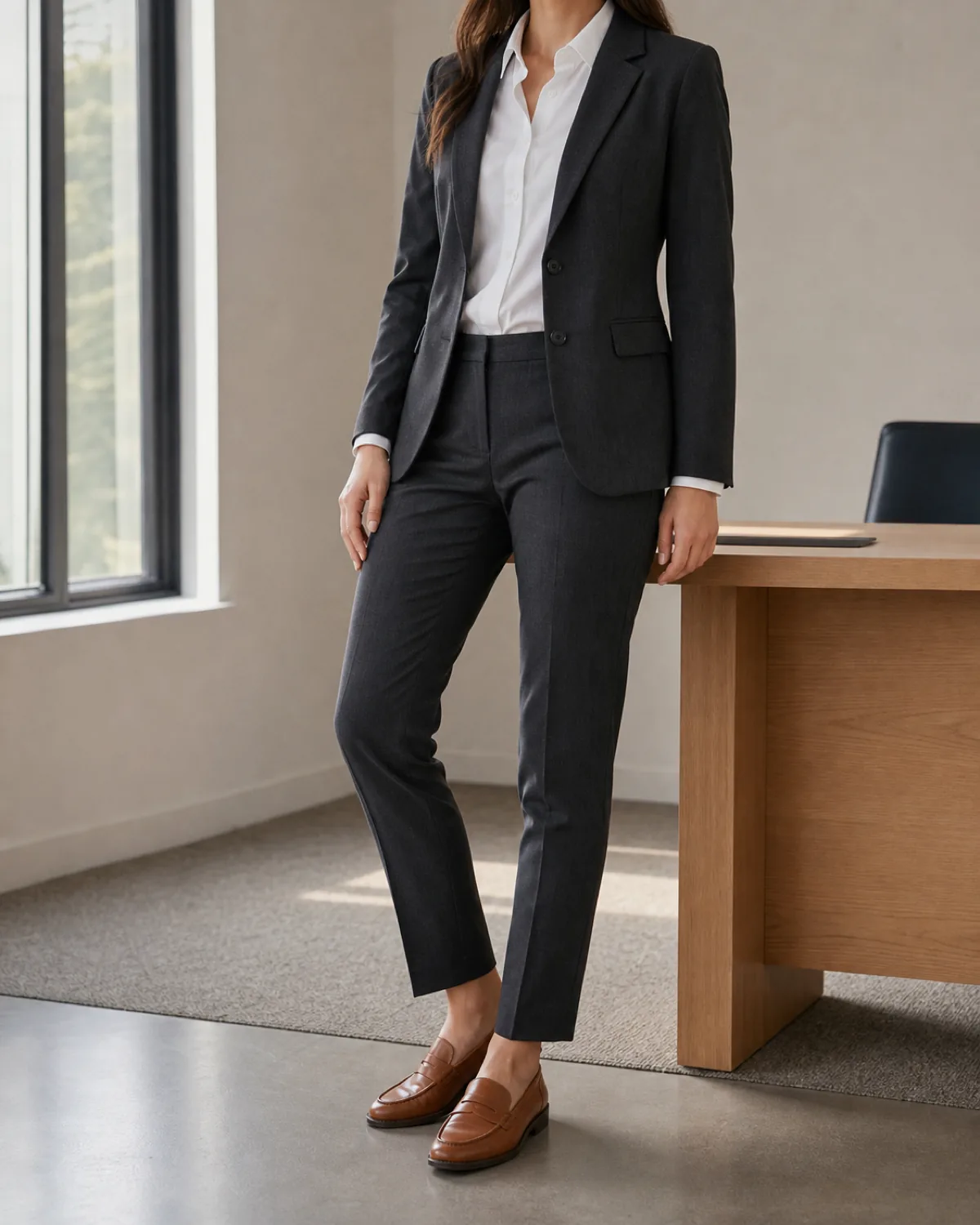 A woman in a three-quarter turn near a pale oak desk wearing a white button-down shirt under a charcoal single-breasted blazer with slim charcoal trousers and tan penny loafers, head cropped out of frame
