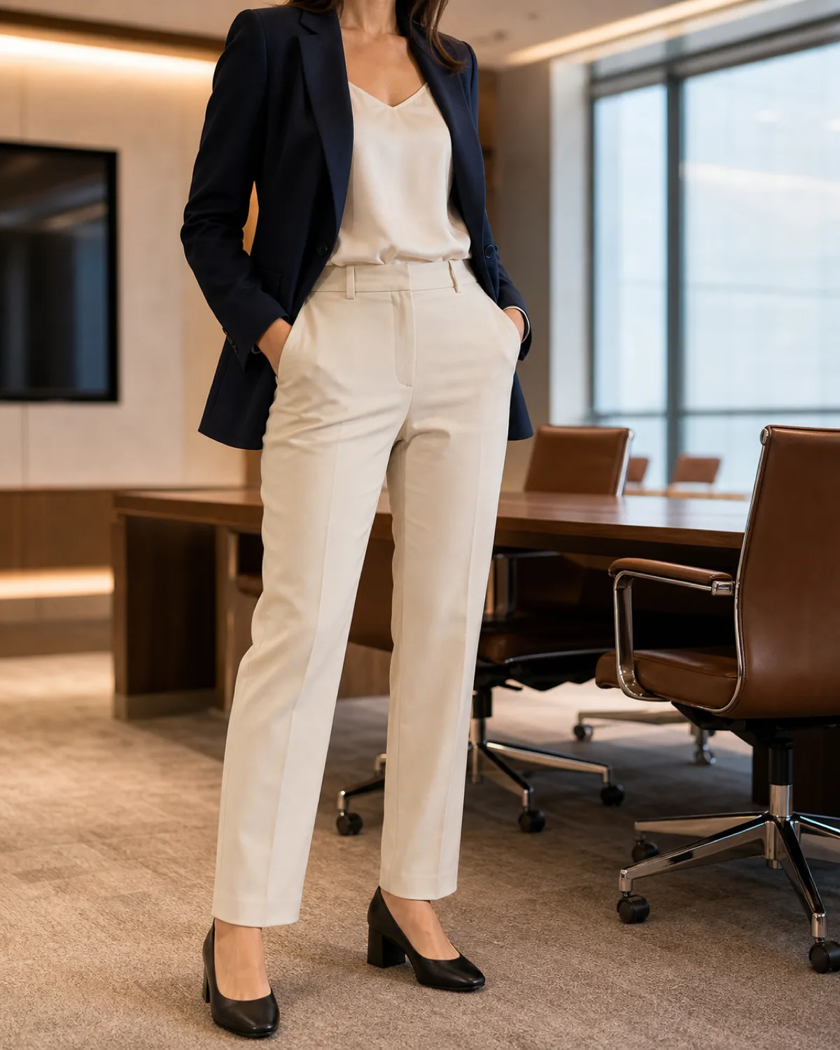 A woman in a navy blazer over an ivory camisole and cream trousers with black low block-heel pumps standing in a conference room