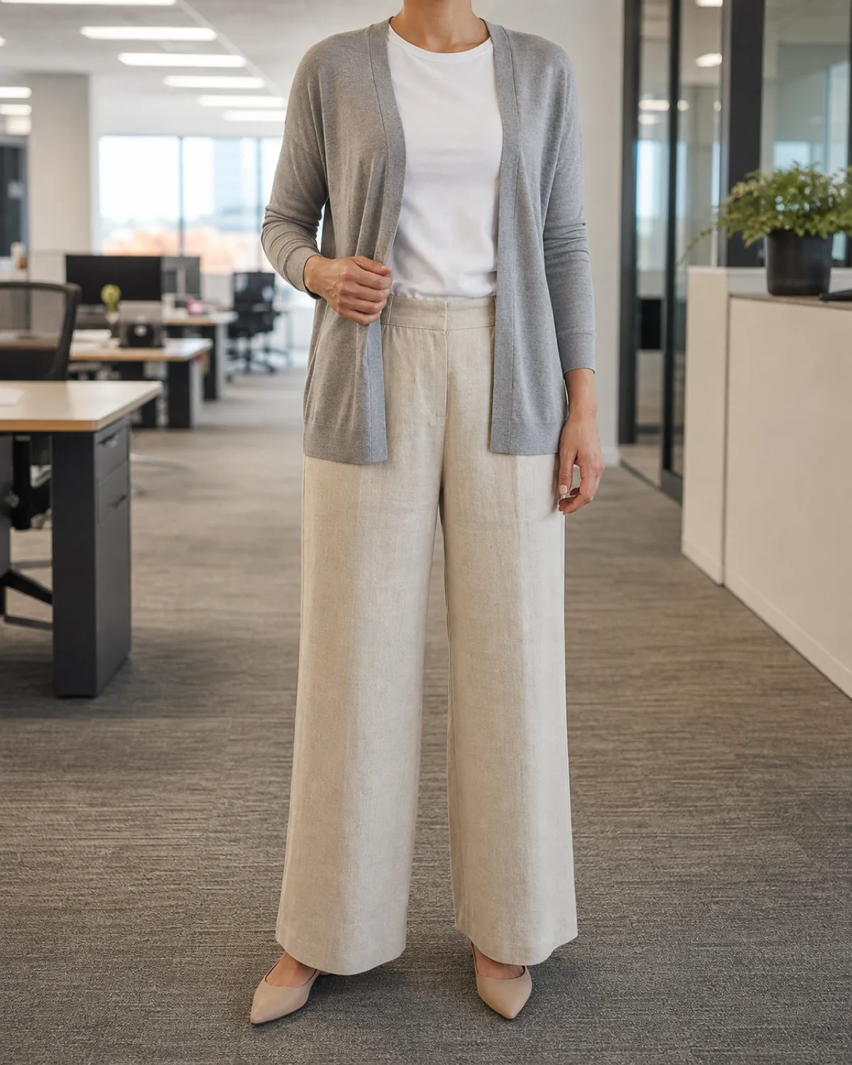 A woman standing in an open-plan office wearing a stone-grey fine-gauge cotton cardigan open over a white tee and oatmeal wide-leg trousers