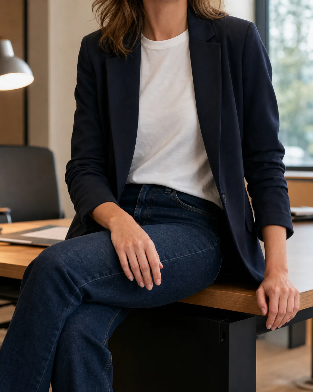 A woman seated at a desk edge wearing a white cotton crew-neck tee under a navy blazer with dark jeans
