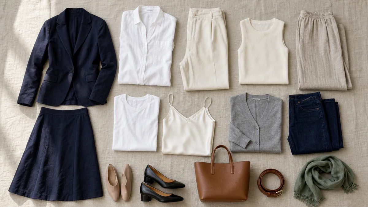 A flat-lay of fifteen summer workwear pieces arranged on a natural linen surface including a navy blazer, white button-down, cream trousers, and tan leather tote