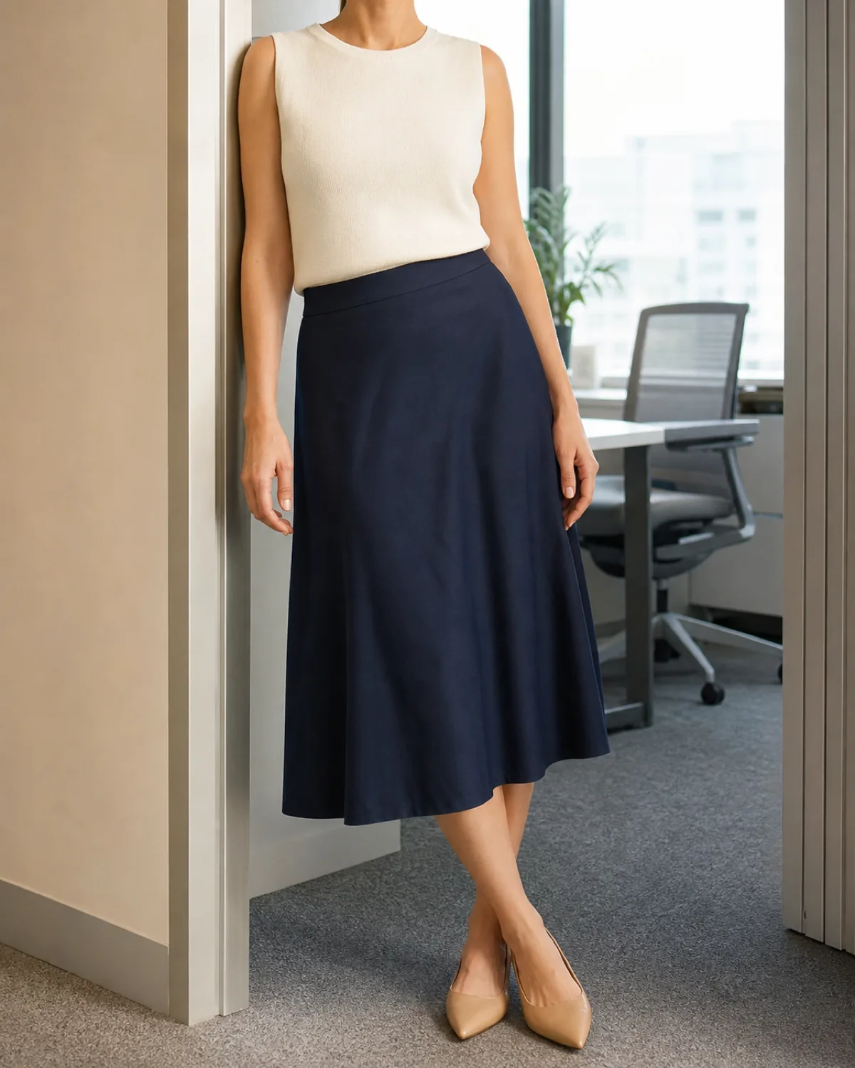 A woman in a navy A-line midi skirt and ivory knit shell leaning in an office doorway with an office desk and chair visible behind her