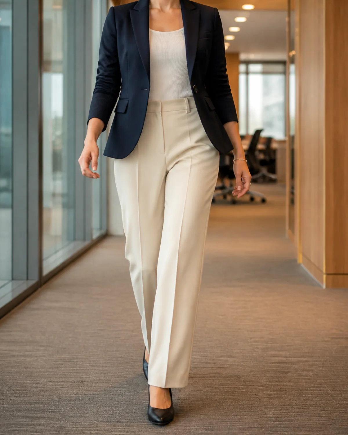 A woman walking through a modern office corridor in cream straight-leg trousers with a navy blazer and ivory knit shell