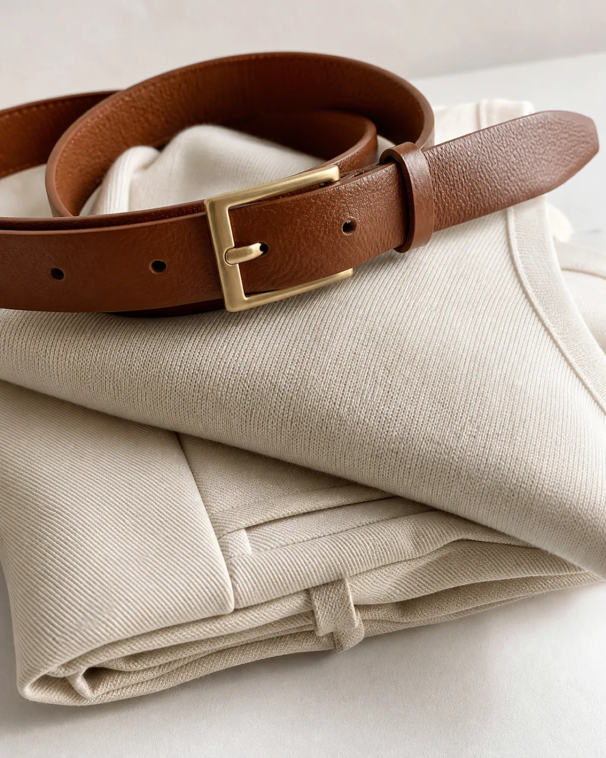 A cognac thin leather belt with a brushed gold buckle coiled on top of folded ivory knit and cream trouser fabric