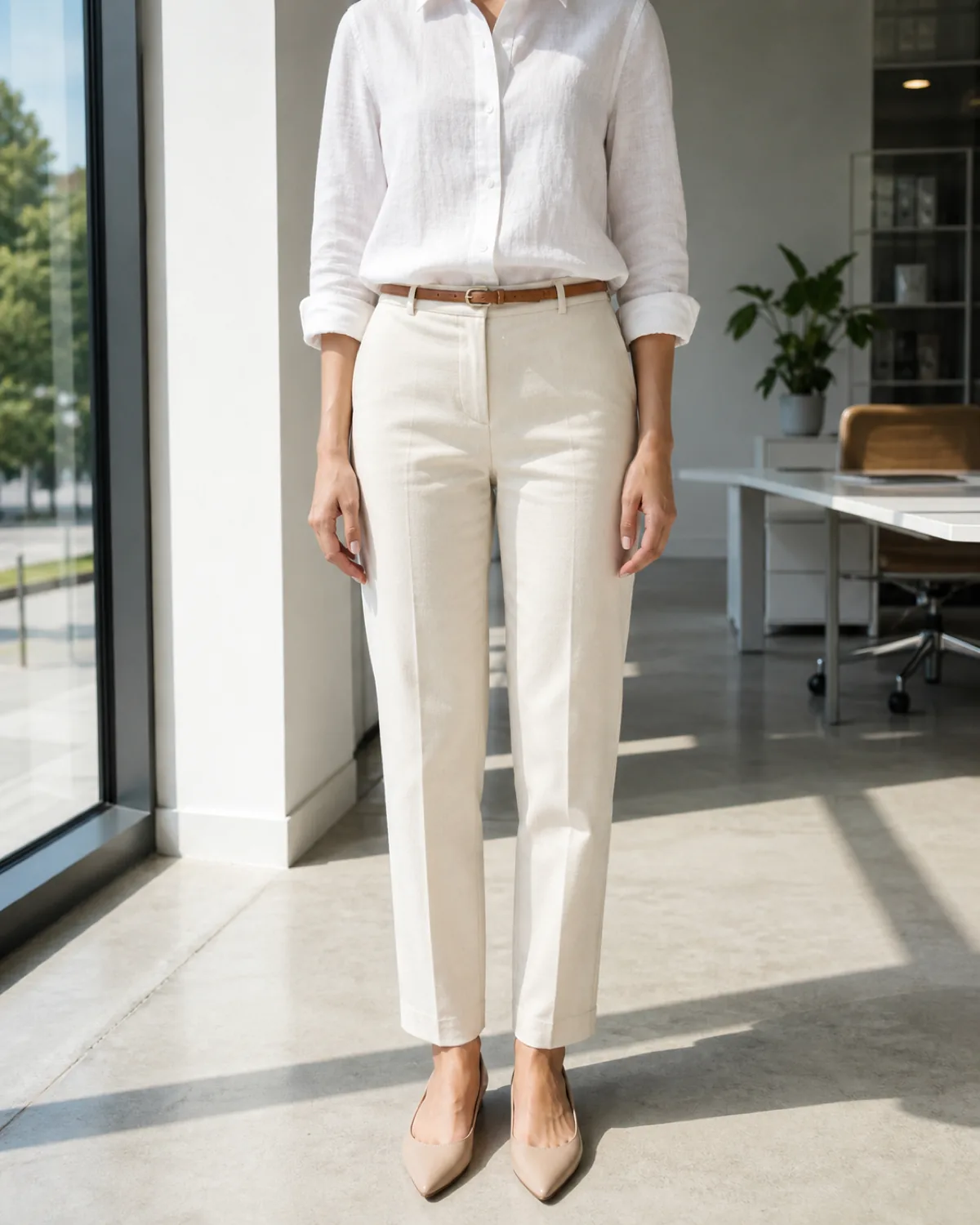 A woman in a white cotton-linen button-down shirt tucked into cream trousers with a cognac belt standing in a bright modern office