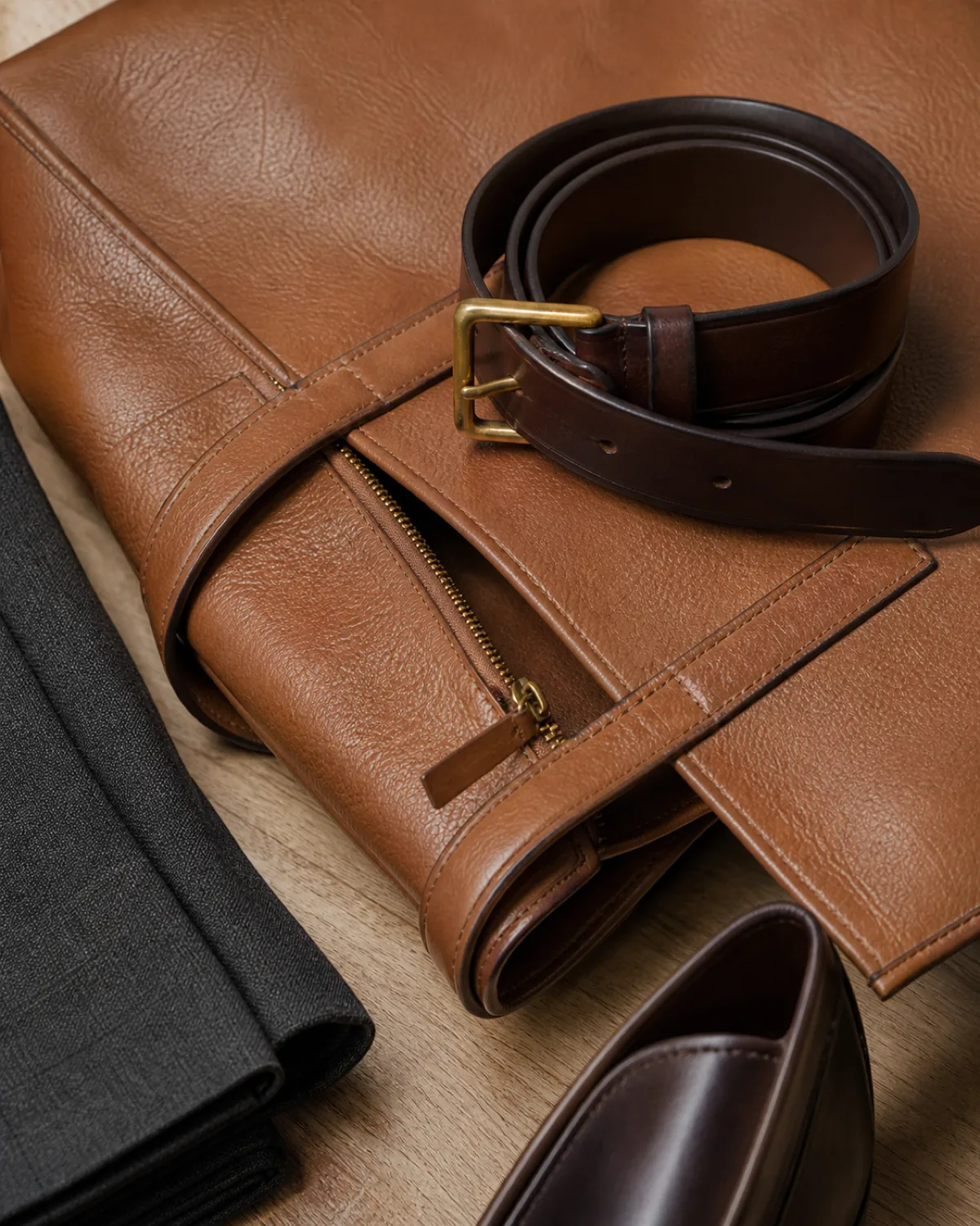 A macro detail of work capsule accessories on a light oak desk: a tan structured leather tote bag with a dark brown leather belt coiled on top, a loafer toe visible at the bottom, and a folded charcoal trouser leg at the edge