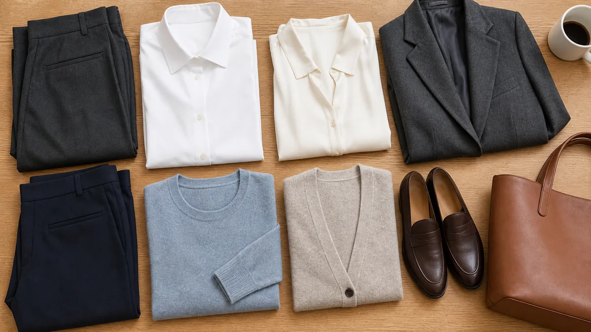 An overhead flat-lay of a work capsule wardrobe on a light oak desk: folded charcoal and navy trousers, a white button-down, a cream blouse, a pale blue knit, a charcoal blazer, an oatmeal cardigan, dark brown loafers, and a tan leather tote