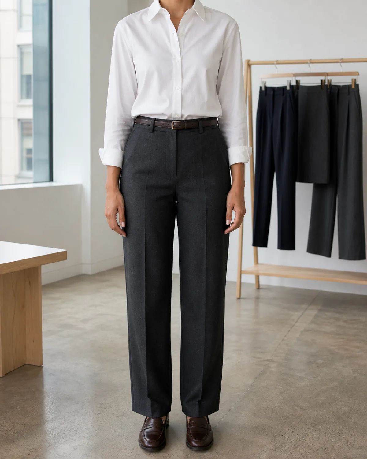 A woman standing straight-on in charcoal wool tailored trousers with a pressed crease, a white cotton button-down tucked in, and dark brown loafers, with a clothing rack behind her holding navy and charcoal bottoms
