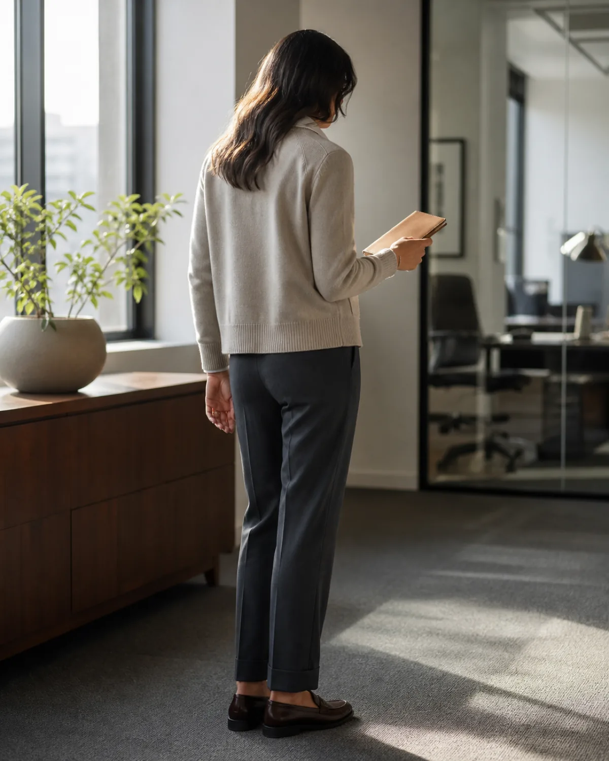 A woman seen from behind at a three-quarter angle in an oatmeal fine-gauge cardigan and charcoal trousers, holding a tan notebook and looking down, standing near a window with morning backlight in a modern office
