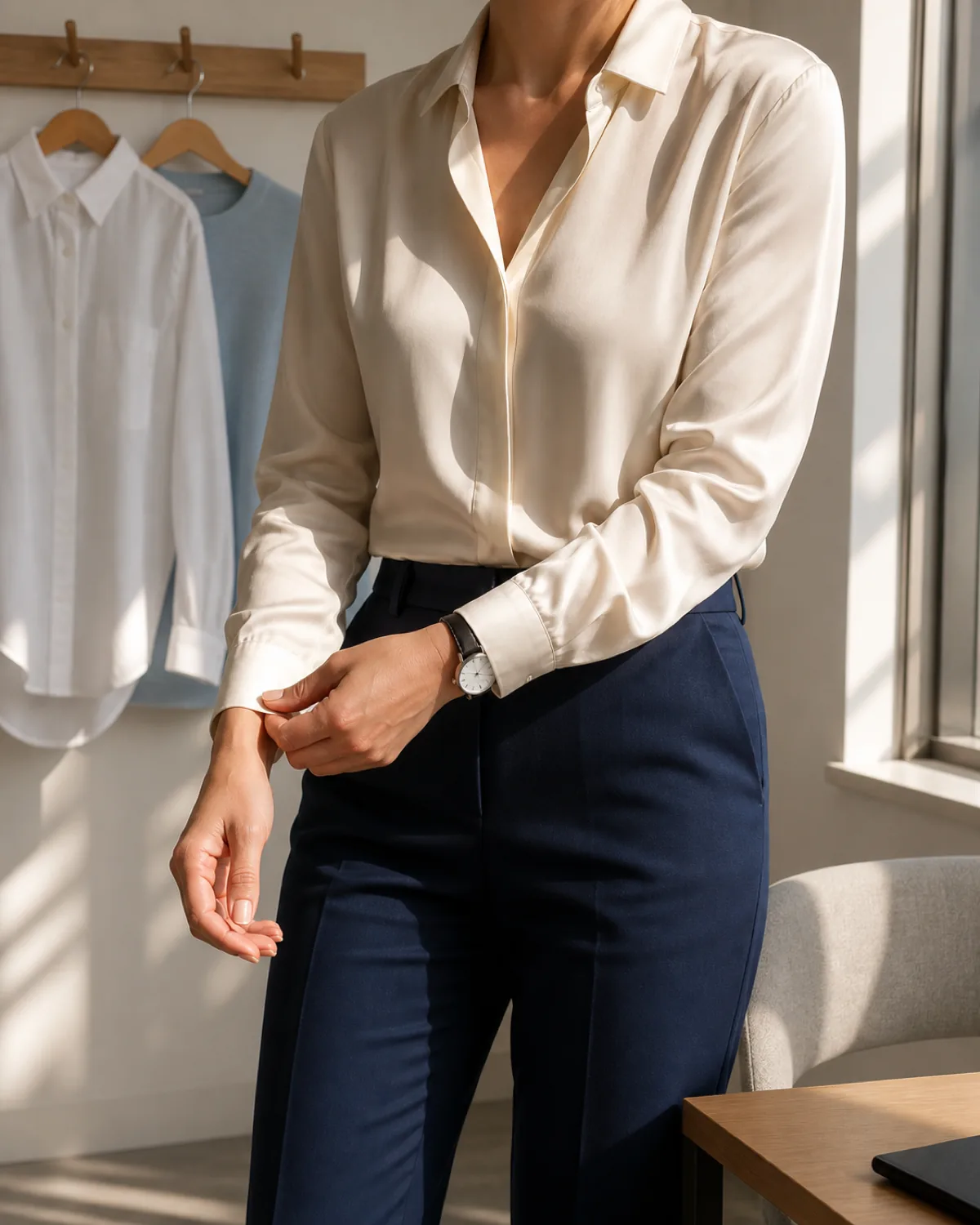 A woman in a cream silk blouse adjusting her cuff with navy trousers, a plain watch on her wrist, with a white button-down and pale blue knit hanging on a wooden peg rail behind her in warm afternoon light