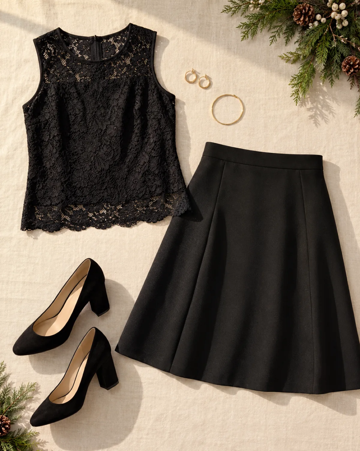 Overhead flat-lay on cream linen of a black lace sleeveless shell top with scalloped hem next to a black high-waist A-line skirt with black block-heel pumps and gold hoop earrings and a thin gold bangle arranged with holiday greenery in the corner
