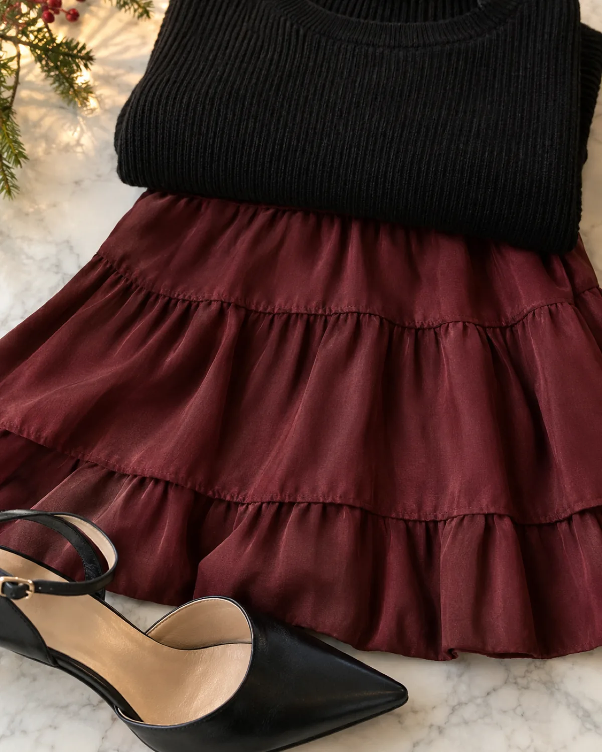Close detail macro on white marble of a folded black ribbed knit sweater showing the rib texture at the top with a burgundy tiered midi skirt with visible tier seams in the middle and a black pointed-toe ankle-strap heel shoe at the bottom
