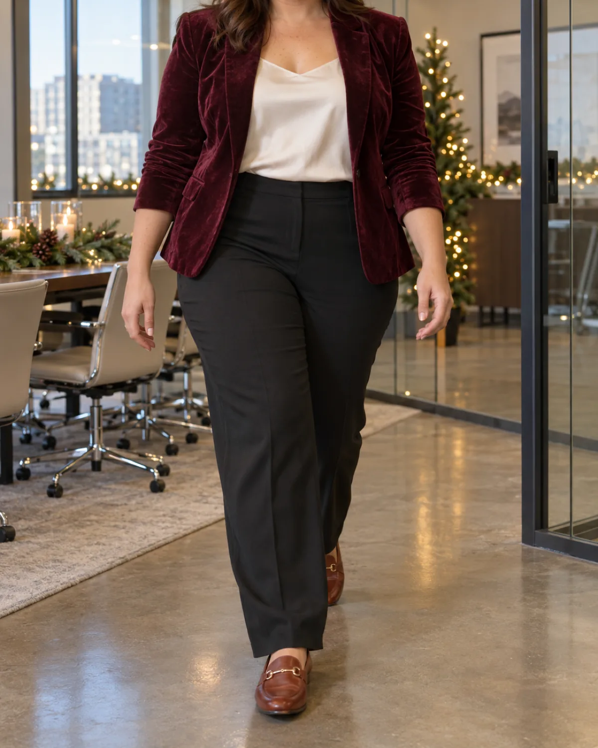 A midsize woman walking mid-stride through a glass-walled meeting room with a Christmas tree in the background wearing a burgundy velvet blazer over an ivory silk camisole tucked into black tailored trousers with cognac leather loafers