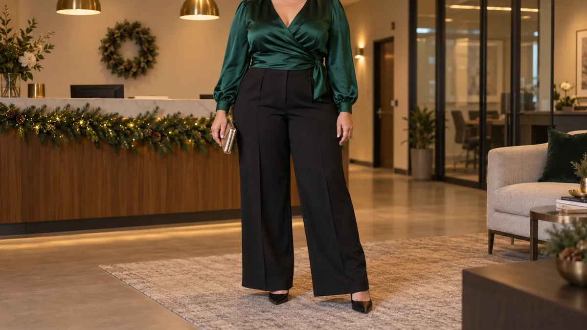 A midsize woman standing straight-on in a modern office reception area wearing an emerald satin wrap top with a tie at the waist and high-waist black wide-leg trousers holding a small metallic clutch with holiday greenery and pendant lights in the background
