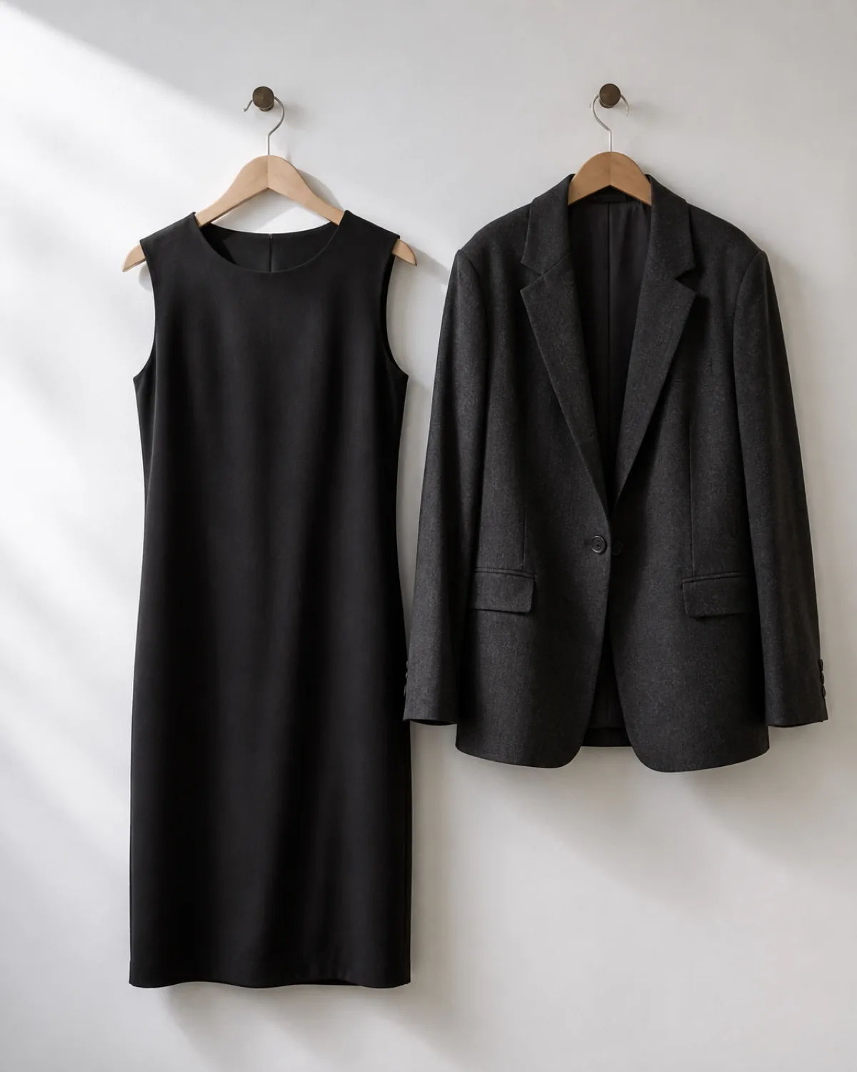 A black sleeveless shift dress on a wooden hanger against a white wall next to a charcoal wool blazer on a second hanger