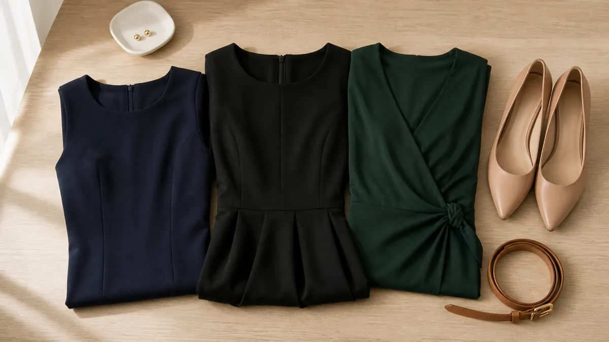Three folded work dresses in navy, black, and forest green on a pale oak desk with nude pointed-toe pumps, a tan leather belt, and gold stud earrings