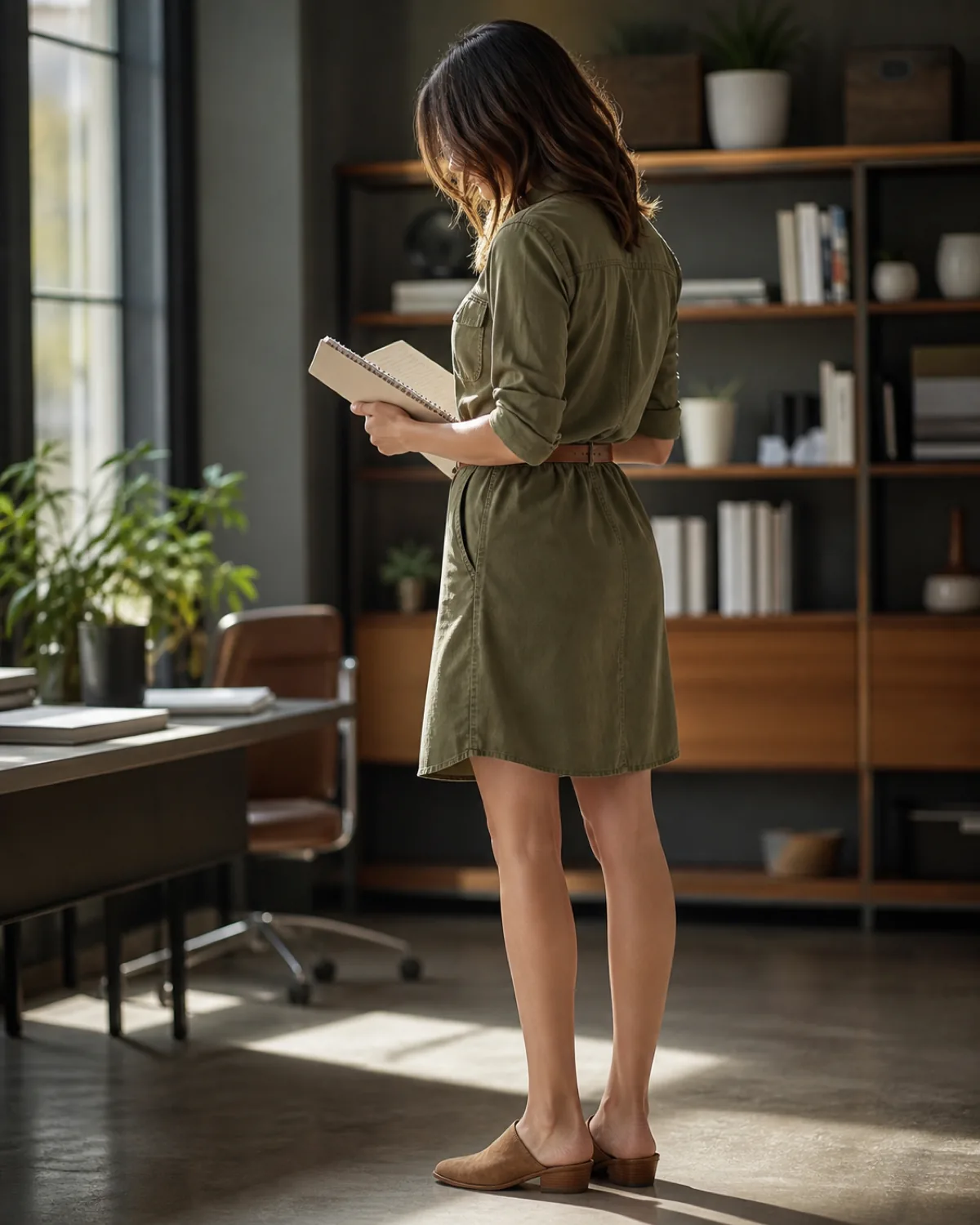 A woman in an olive green utility shirt dress with patch pockets and rolled sleeves, back-three-quarter angle, looking down at a notebook in her hands