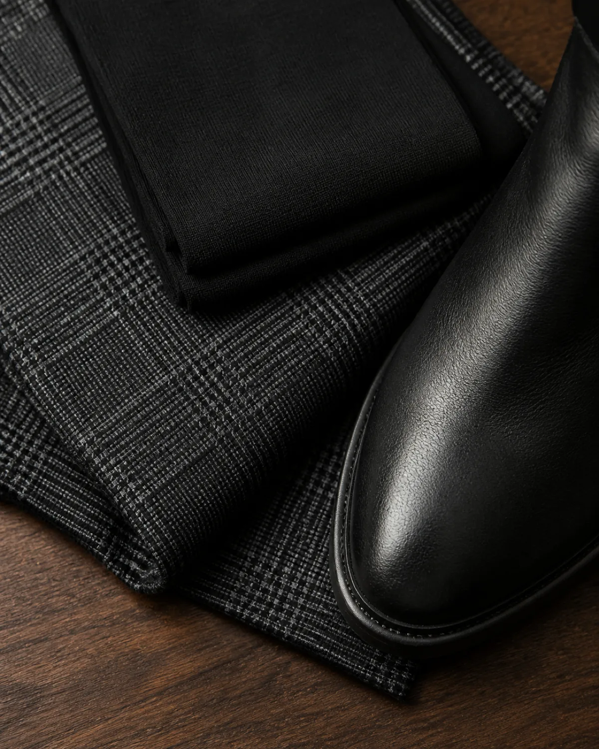 Stacked detail macro of grey and black glen plaid dress fabric, opaque black tights, and a black leather ankle boot toe on a dark walnut surface