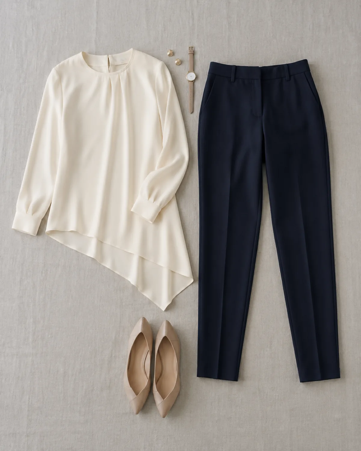 An overhead flat-lay of a cream asymmetric-hem blouse with one side clearly longer, dark navy tailored cigarette trousers, nude pointed-toe flats, gold stud earrings, and a thin watch, arranged on a light grey linen surface