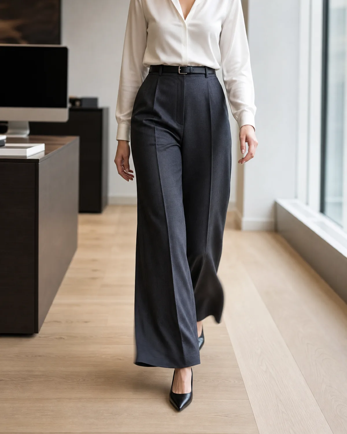 A woman with an apple body shape walking mid-stride in a modern office wearing charcoal wool-blend wide-leg trousers with a tucked-in white silk blouse and black pointed-toe flats
