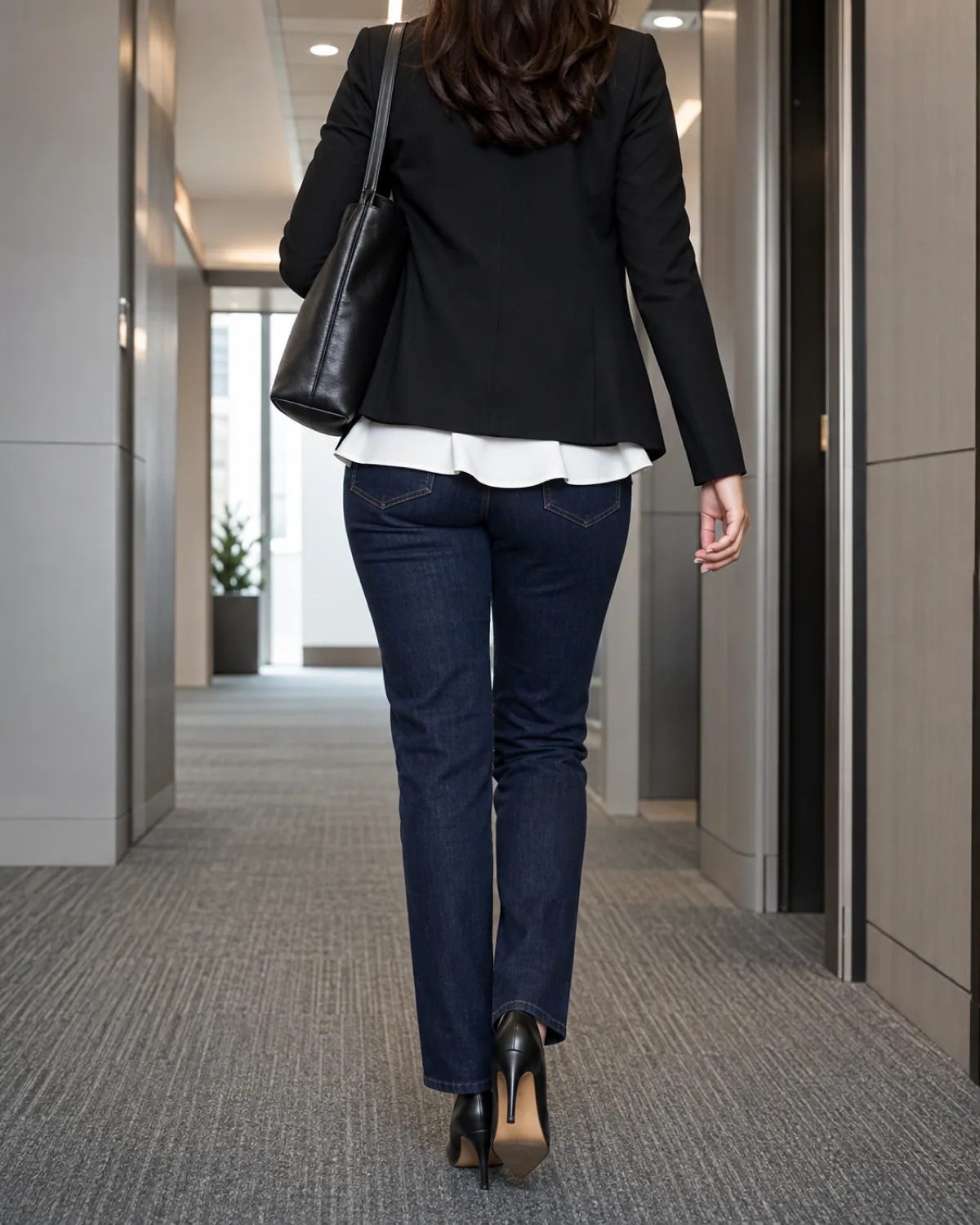A woman with an apple body shape walking away down an office hallway wearing dark indigo straight-leg jeans, a white peplum top visible below a black blazer, and a black shoulder bag