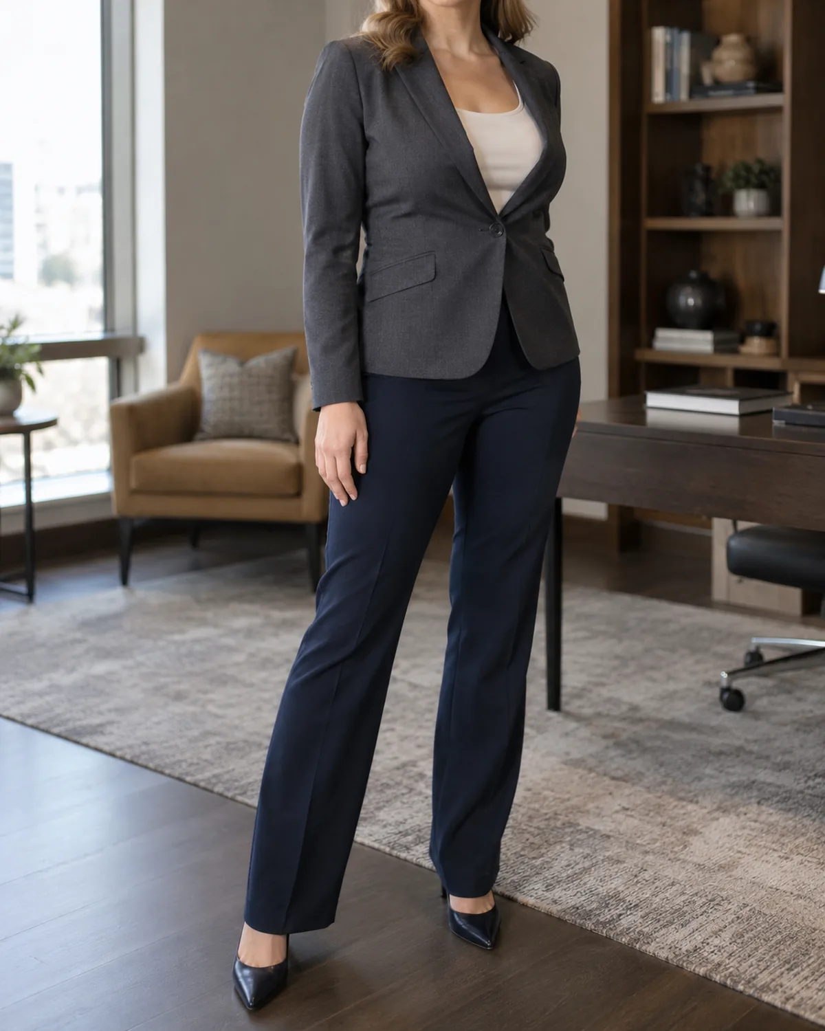 A woman in a three-quarter turn wearing a charcoal single-button blazer buttoned cleanly at the waist over a cream shell and navy trousers, full-length shot, head cropped out