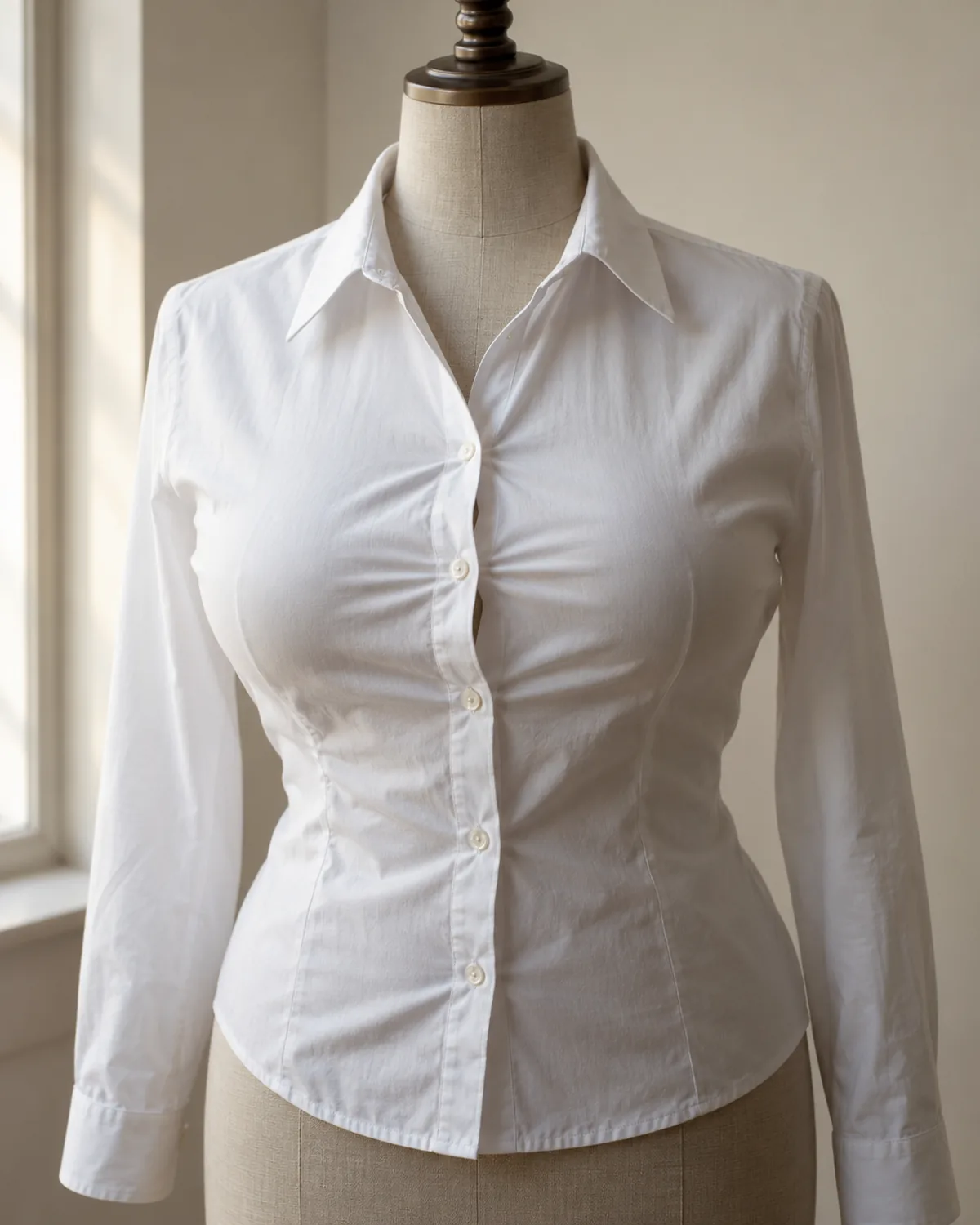 A white poplin button-down shirt on a fabric-covered dress form showing horizontal tension lines and slight gapping between the buttons across the chest area