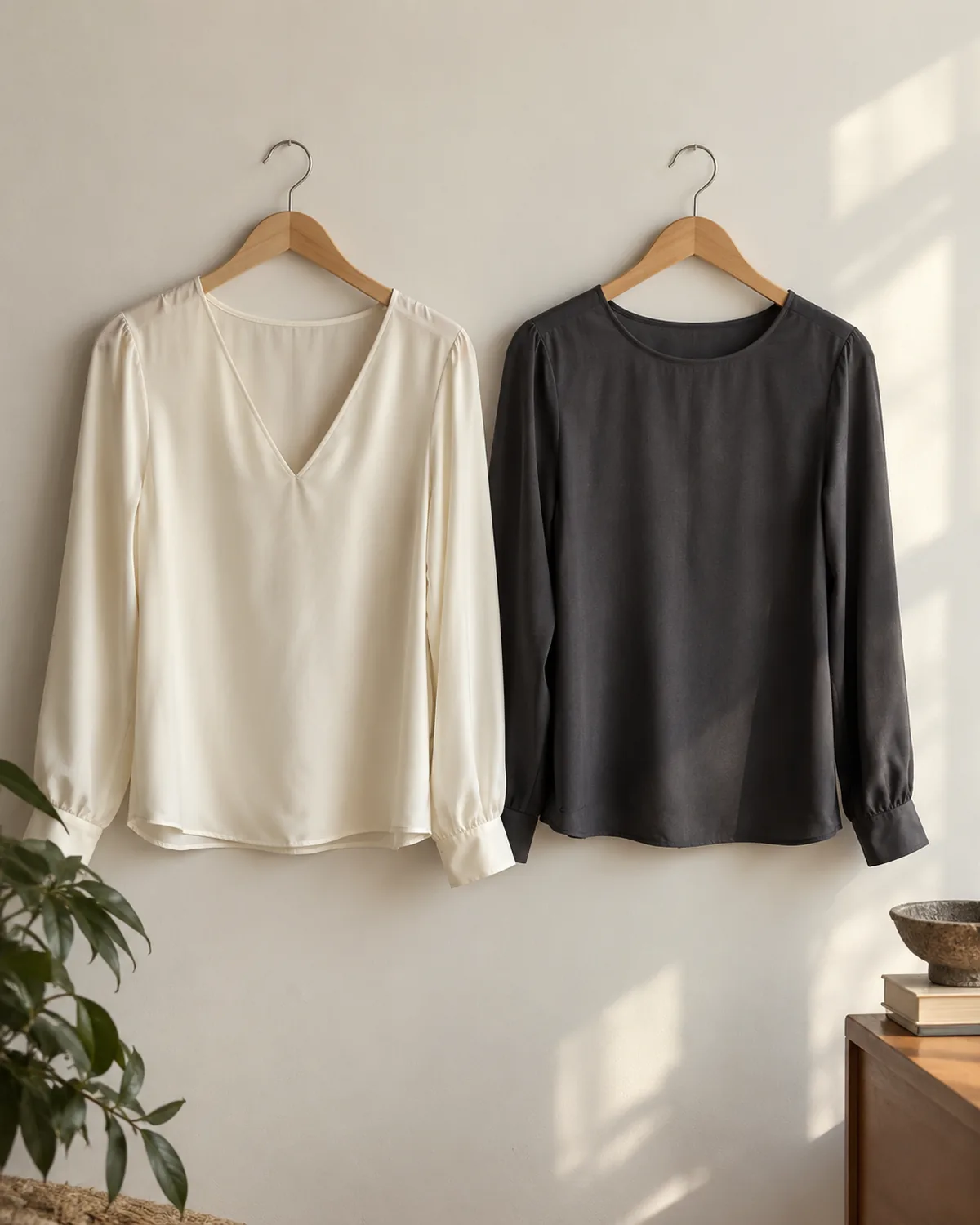 Two blouses hanging side by side on wooden hangers against a plain off-white wall, an ivory V-neck on the left and a charcoal crew-neck on the right, showing the difference in neckline shape