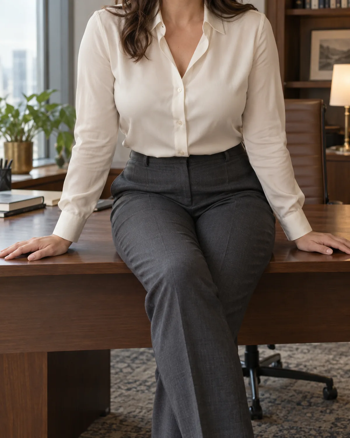 A woman seated at a desk edge wearing a cream silk blouse tucked into charcoal trousers, hands flat on the desk surface, testing the fit of the blouse while seated