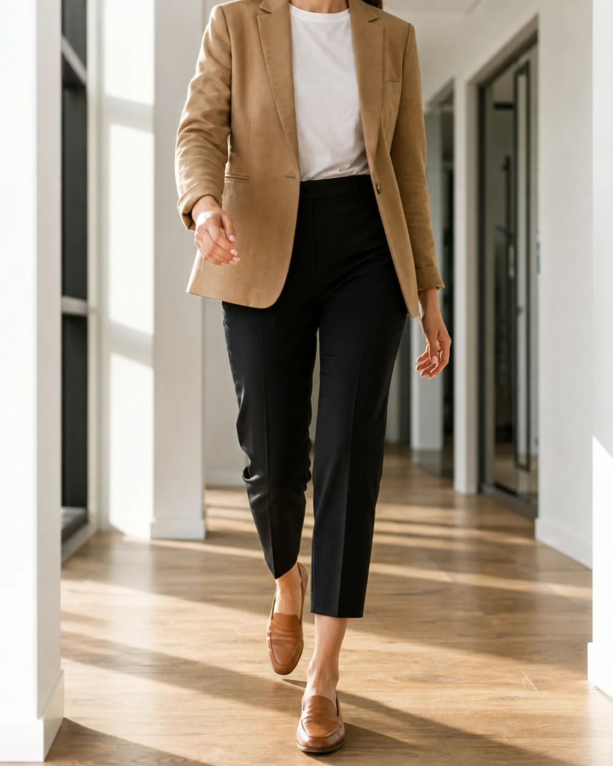 A woman walking mid-stride in an office corridor wearing cropped black ankle pants with a camel blazer over a white crew-neck tee and tan leather loafers