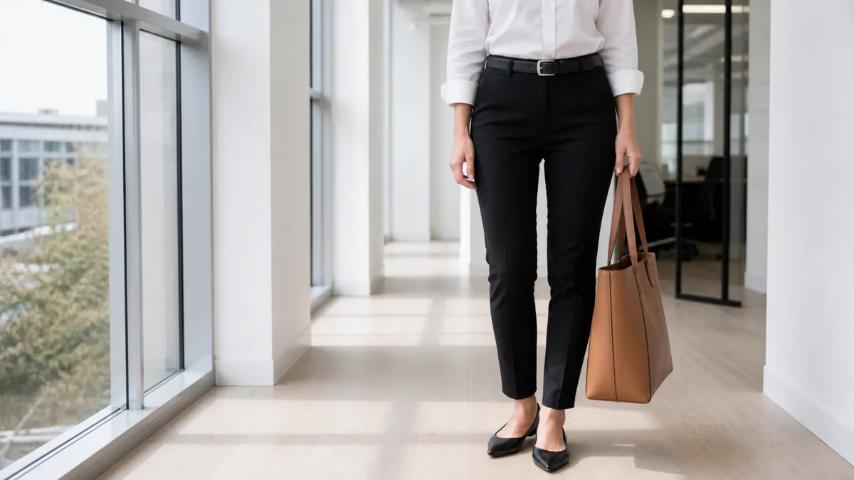 A woman from mid-torso down in a bright office hallway wearing slim black trousers with a tucked white shirt, black belt, black flats, and a tan tote bag