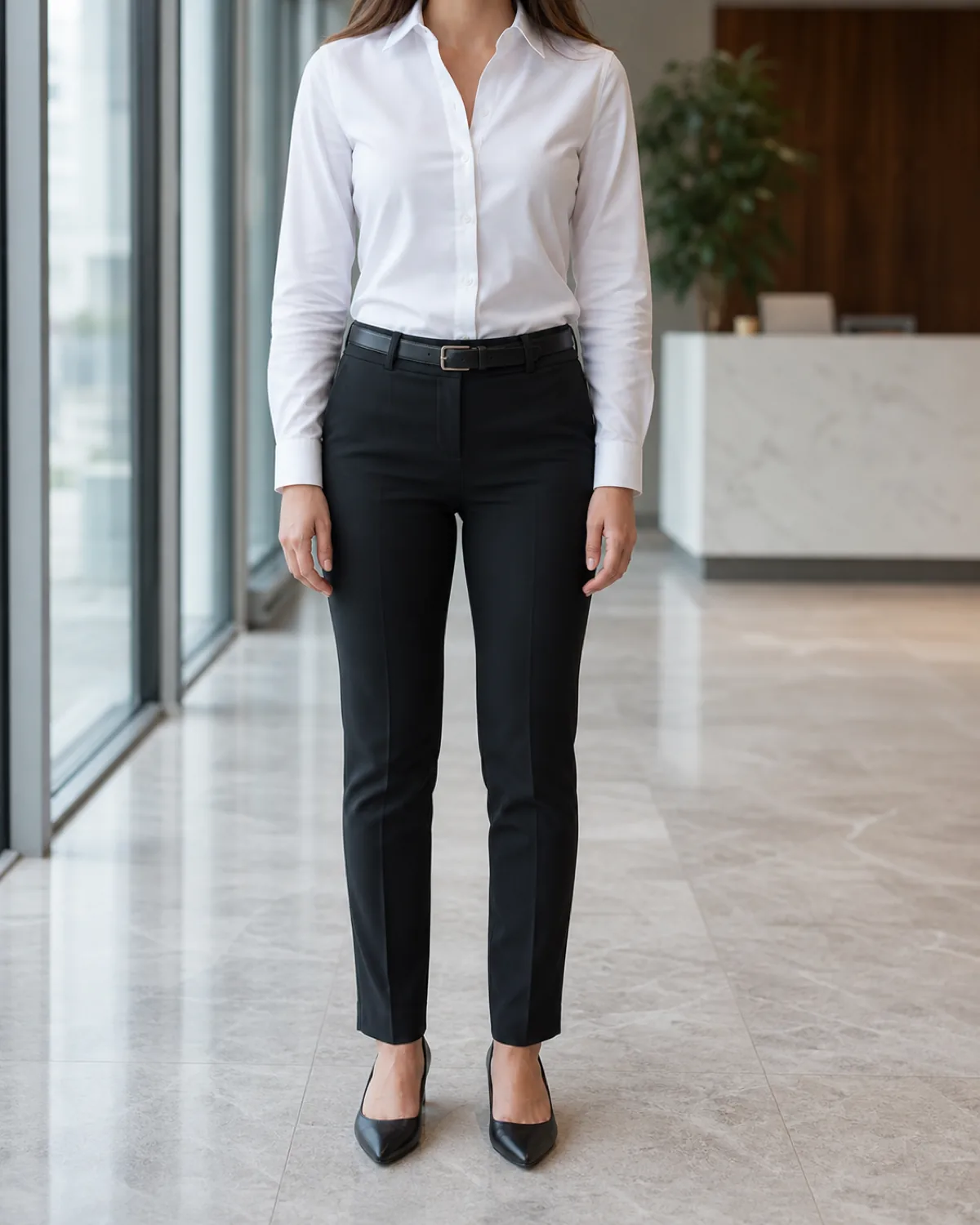 A woman standing in an office lobby in a crisp white button-down tucked into slim black trousers with a black belt and black pointed-toe pumps