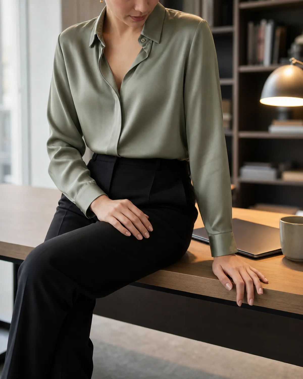 A woman seated at a desk edge in a sage-green silk blouse tucked into straight-leg black trousers, one hand on the desk, warm lamp light