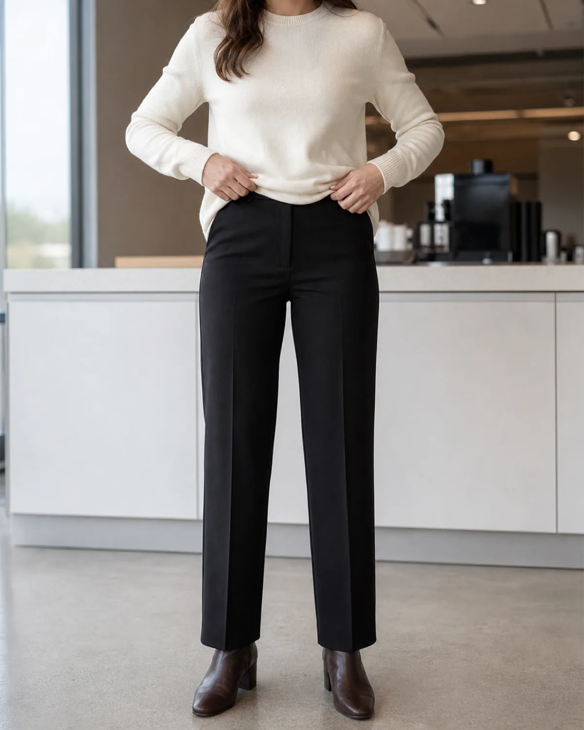 A woman in an office break room wearing a cream crew-neck sweater front-tucked into black straight-leg trousers with dark brown block-heel ankle boots