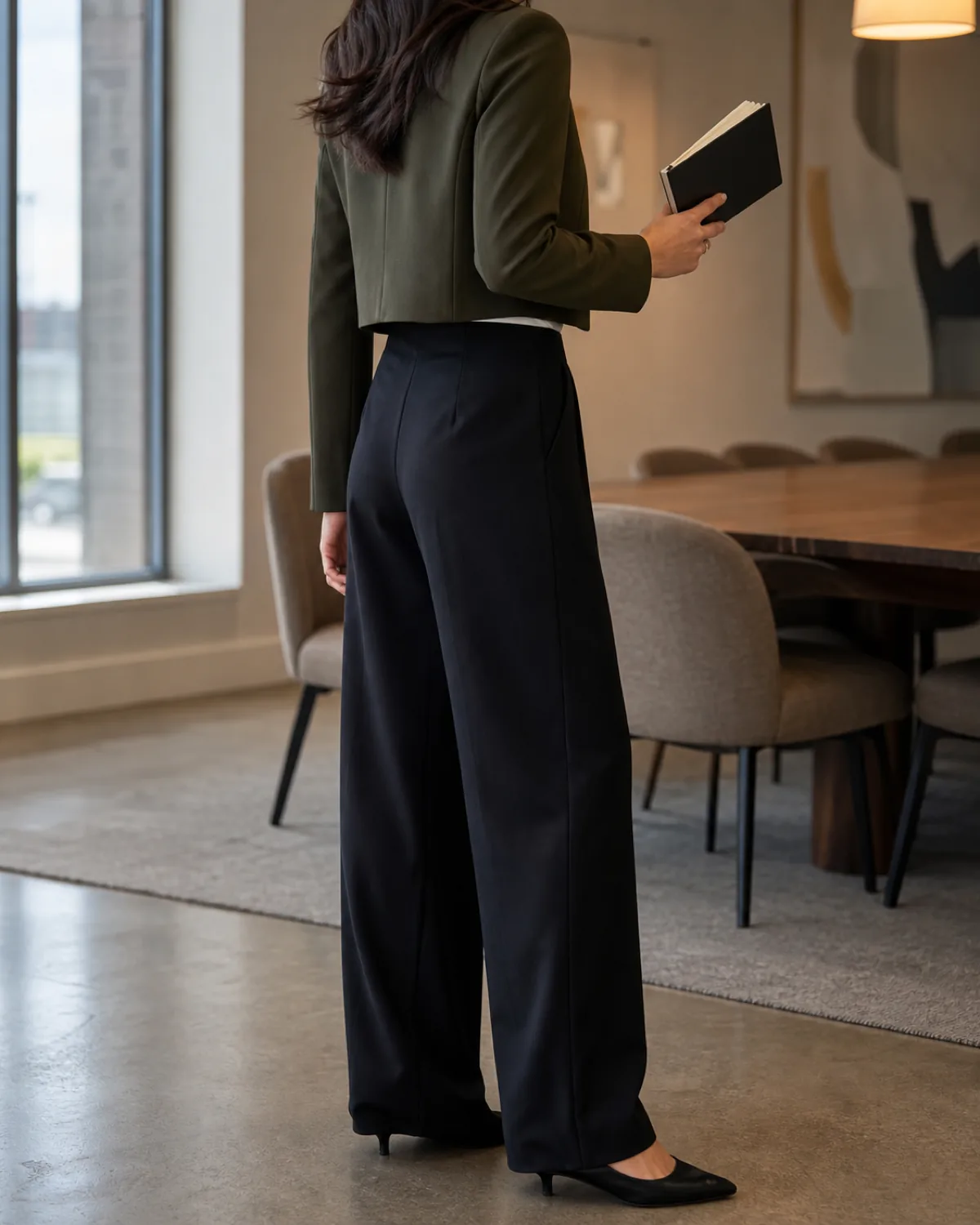 A woman in back-three-quarter view wearing a dark olive cropped jacket over a white top with wide-leg black trousers, holding a notebook, in a modern meeting room