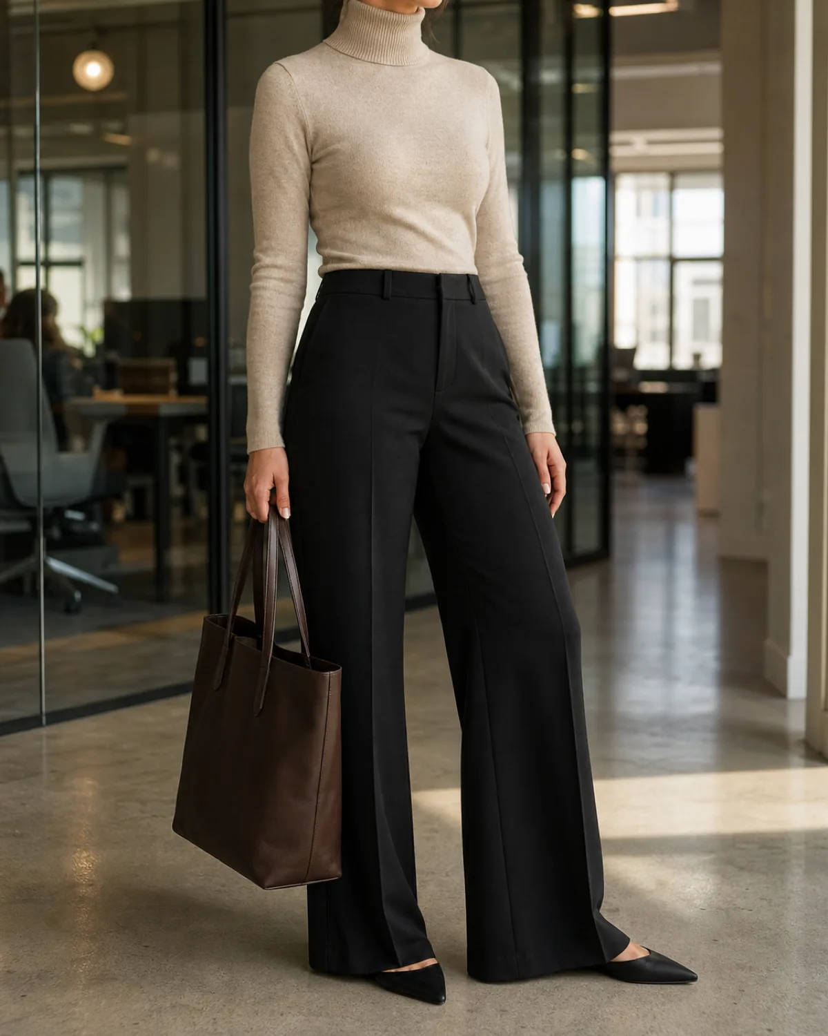 A woman in a three-quarter turn wearing a fitted oatmeal turtleneck tucked into high-waisted wide-leg black trousers, holding a dark brown tote, in an open-plan office