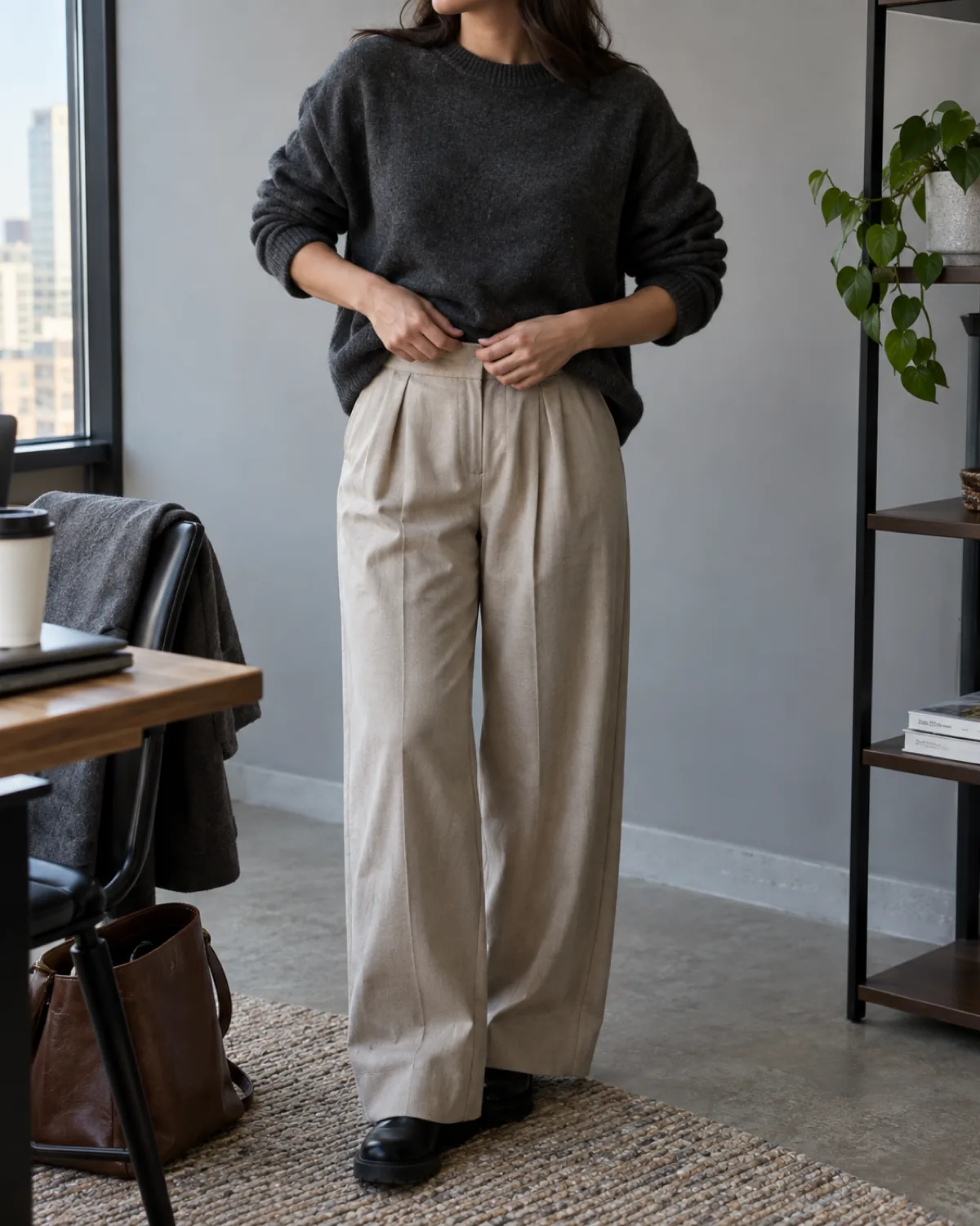A woman standing in front of a grey office wall in a chin-to-knee crop, wearing black lug-sole Chelsea boots beneath stone pleated wide-leg trousers and a charcoal oversized crew-neck knit, both hands at her waist adjusting the trouser pleat