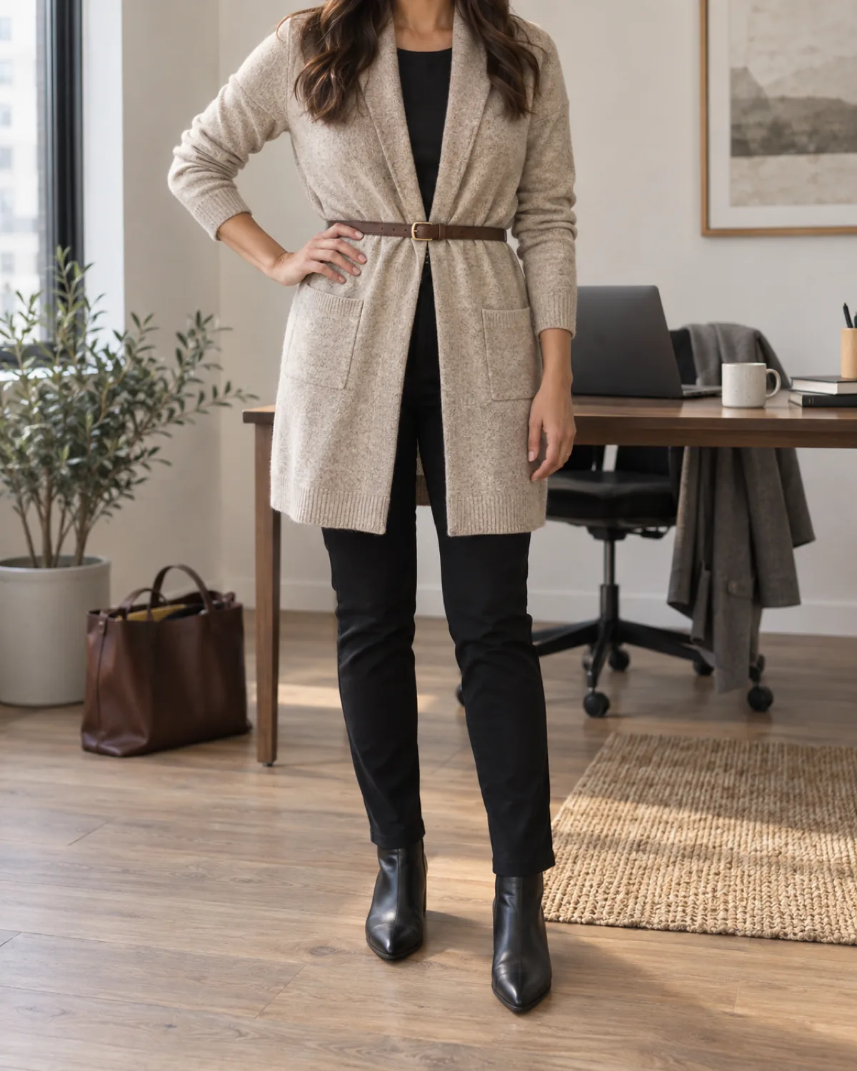 A woman standing straight-on in a private office with a desk and laptop behind her, wearing black pointed-toe flat ankle boots under black slim-fit trousers and an oatmeal long belted cardigan with a thin brown belt at the waist, her right hand on her hip
