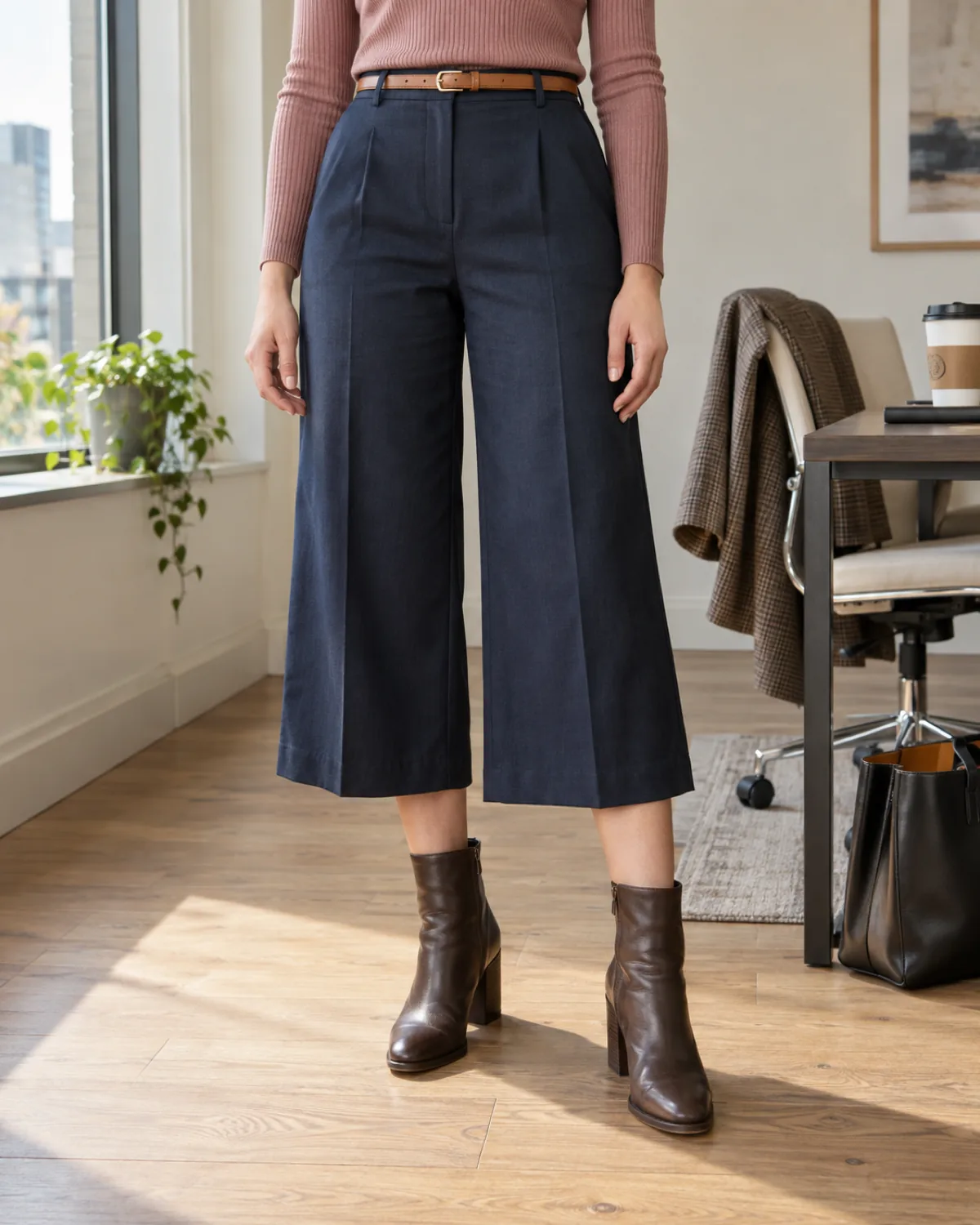 Waist-to-ankle crop of a woman standing on a light wooden floor wearing dark brown stacked-heel ankle boots under wide navy culottes ending mid-calf and a fitted dusty-rose knit tucked in with a thin tan belt