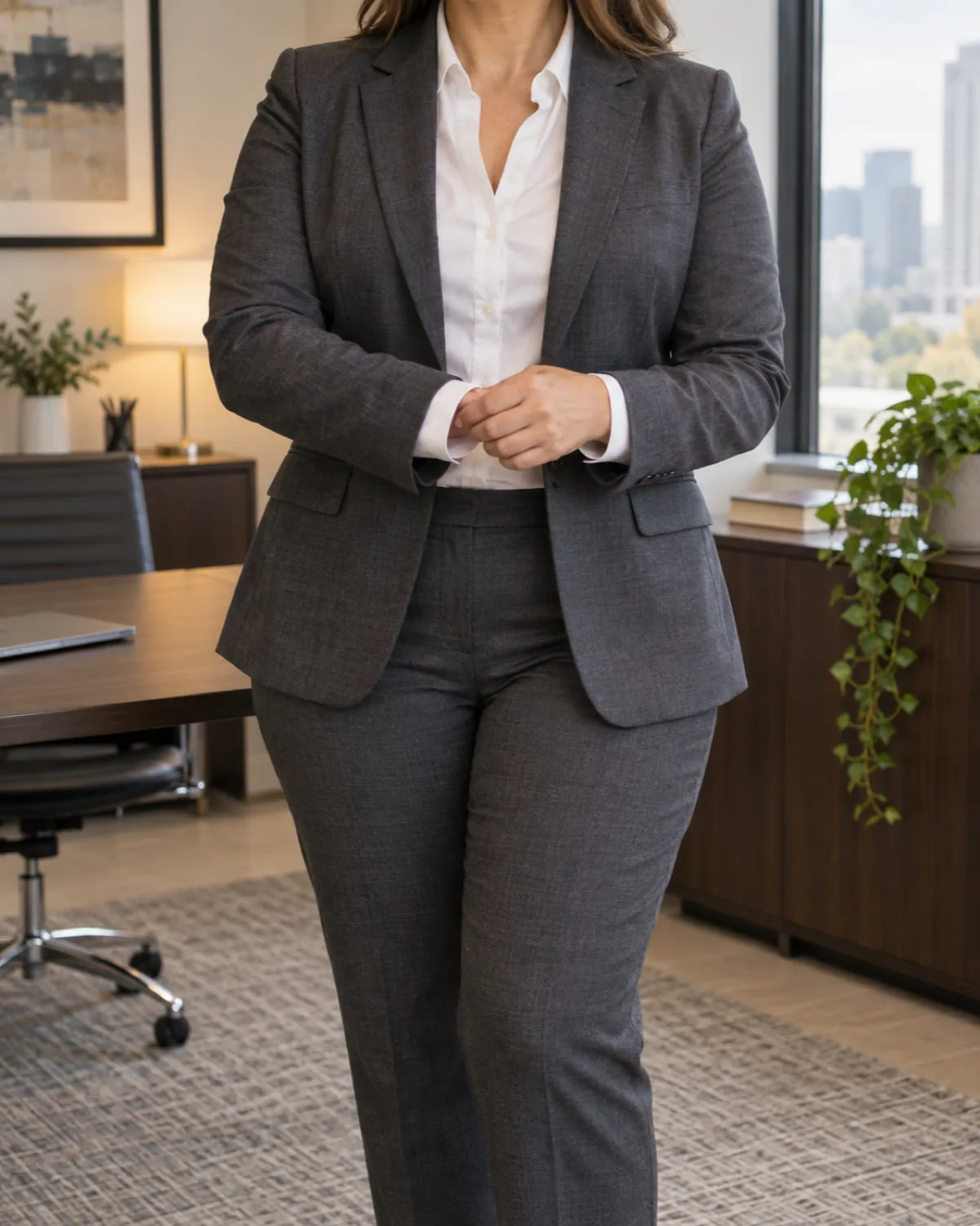 A curvy woman in a mid-torso crop from chin to knee adjusting her shirt cuff, wearing a white button-front shirt under a dark grey blazer with charcoal trousers, head cropped out of frame