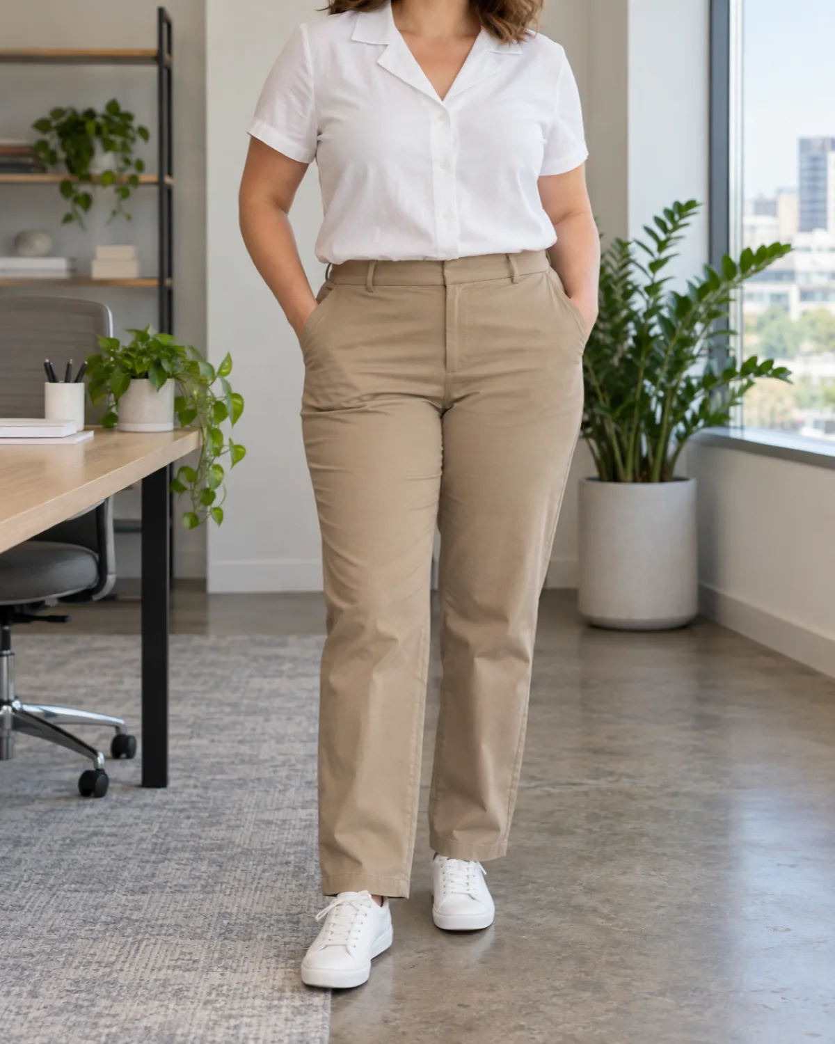 A curvy woman standing straight-on with hands in pockets wearing tan straight-leg chinos, a white camp-collar blouse and white sneakers near a potted plant, head cropped out of frame
