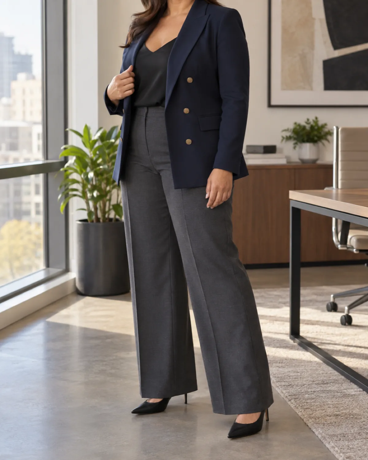 A curvy woman in three-quarter turn from the left adjusting a lapel wearing a navy double-breasted blazer open over a black V-neck cami with charcoal wide-leg trousers and black pumps, head cropped out of frame
