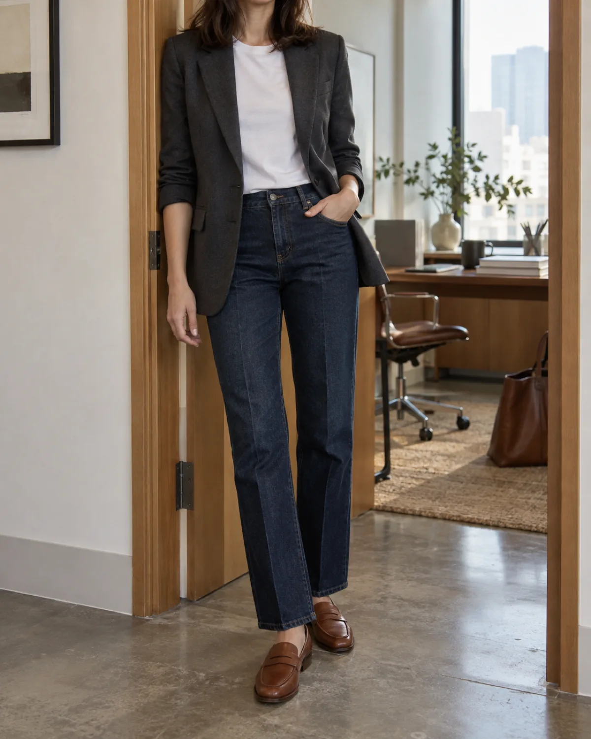 A woman standing in a wooden doorway with one shoulder leaning against the frame, wearing a charcoal structured blazer over a white crew-neck T-shirt and dark indigo straight-leg jeans with cognac penny loafers