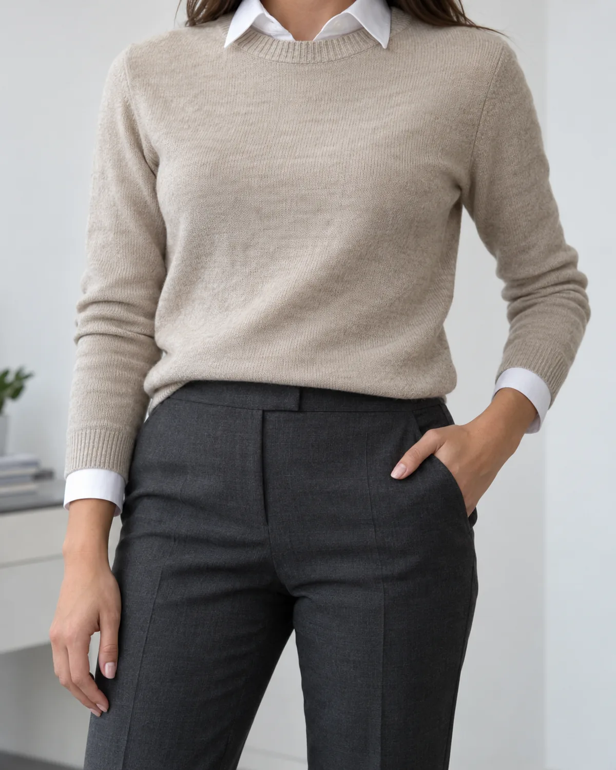 Close crop from mid-chest to upper thigh showing an oatmeal crew-neck sweater layered over a white collared shirt with the collar peeking out at the neckline and shirt cuffs extending past the sweater sleeves, with charcoal tapered trousers