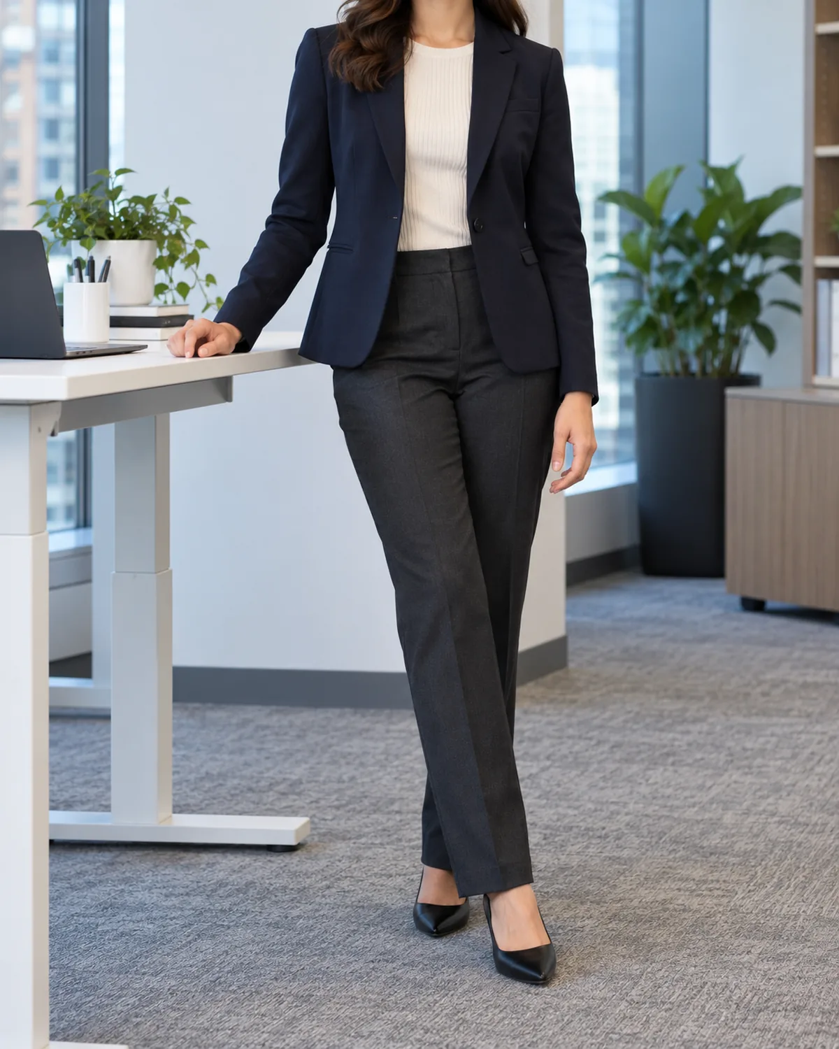 A woman standing at a three-quarter angle near a white standing desk in a modern office wearing dark charcoal straight-leg trousers, a fitted navy blazer and an ivory ribbed knit shell with black pumps