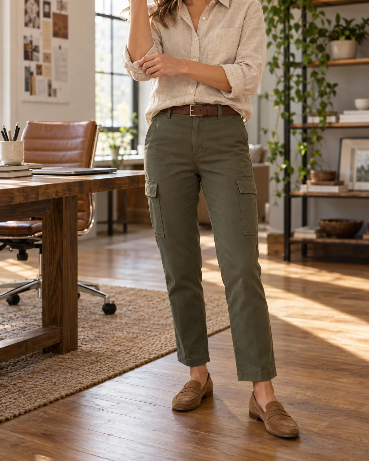 A woman standing in a sunlit home office wearing olive-green tailored cargo trousers with a natural oatmeal linen-blend shirt half-tucked, a brown leather belt and tan suede loafers