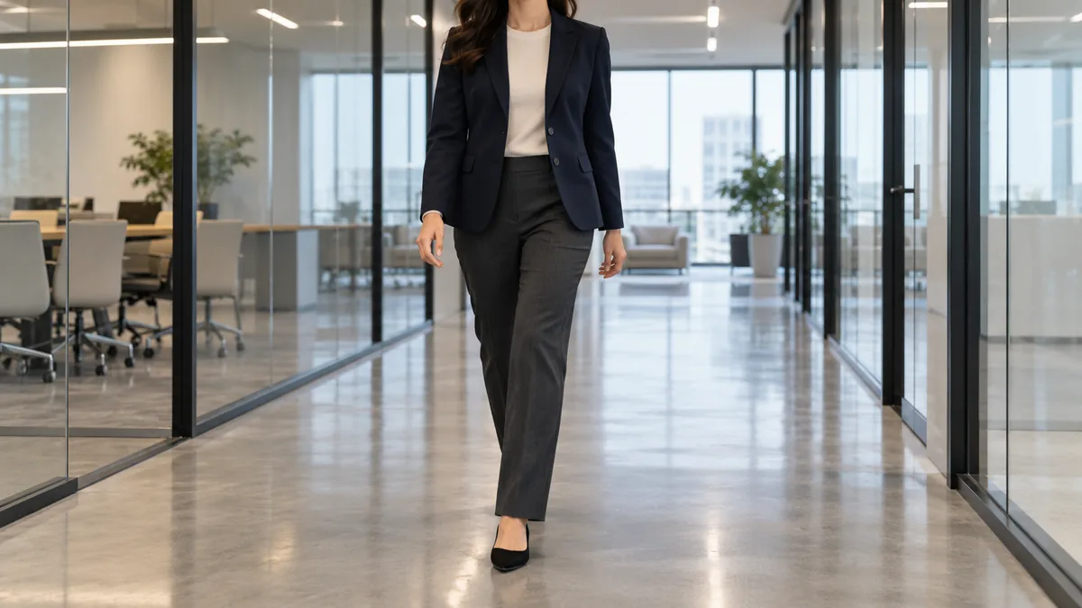 A woman walking through a modern office corridor with glass partitions wearing dark charcoal straight-leg trousers, a fitted navy blazer and a cream knit shell with black pointed-toe flats