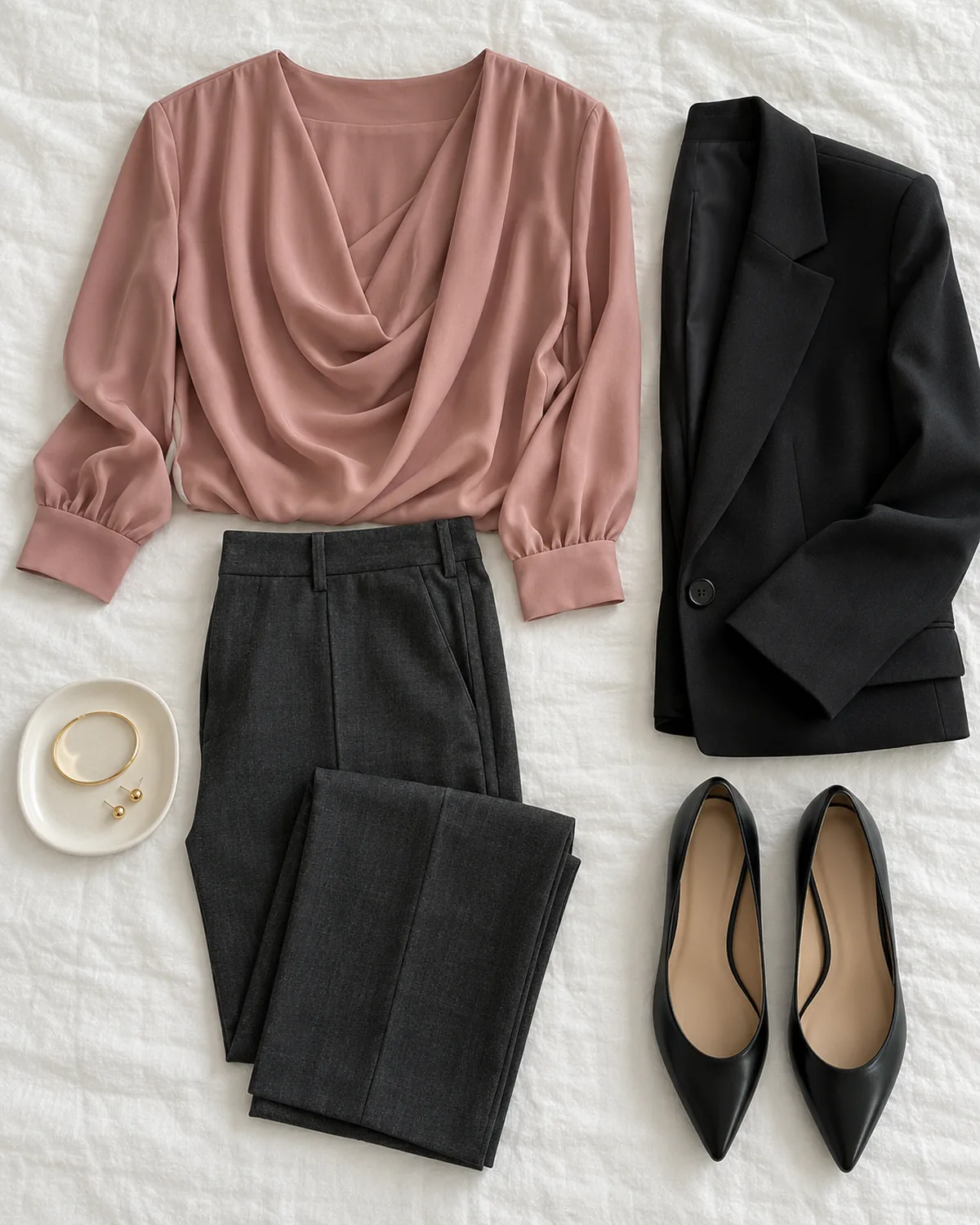 Overhead flat-lay on white linen showing dark charcoal tapered trousers, a dusty-rose draped-front blouse, a black single-button blazer, black pointed-toe leather flats and gold-tone accessories on a small ceramic tray