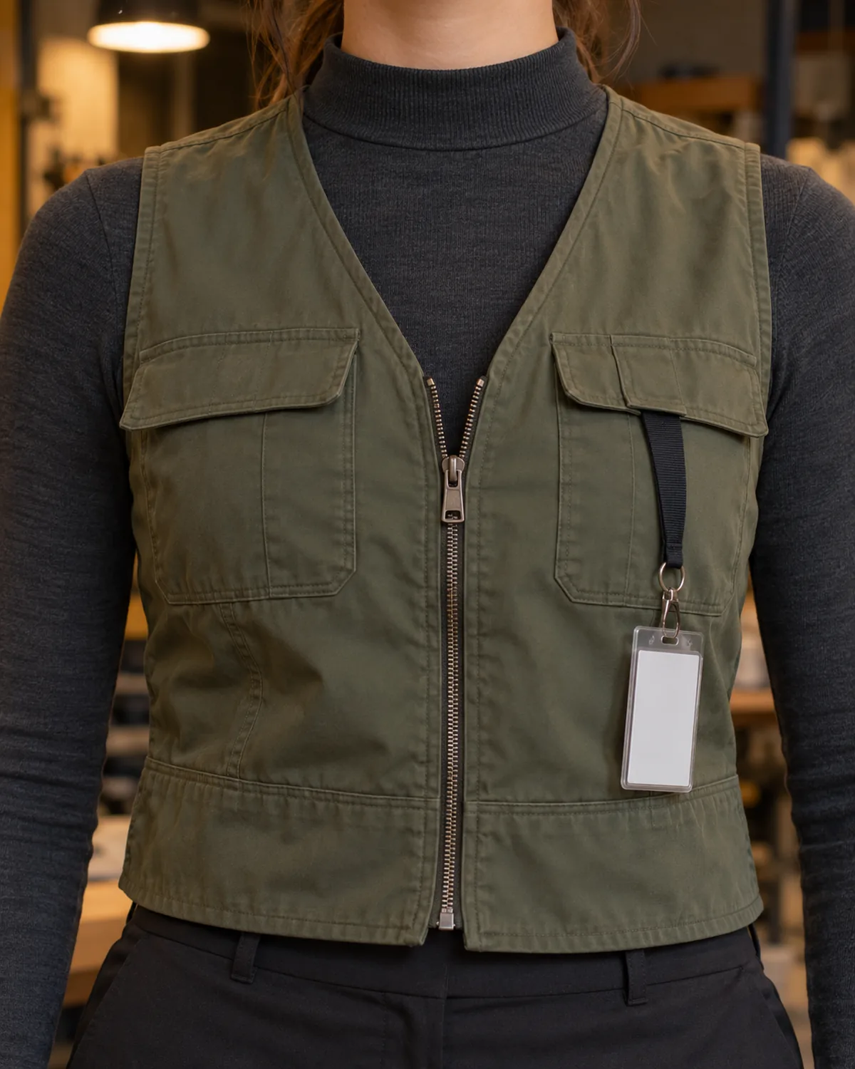 Close-up from collarbone to waist showing a charcoal mock-neck top under an olive-green utility vest with flat chest pockets, a front zip and a blank company badge on a black lanyard